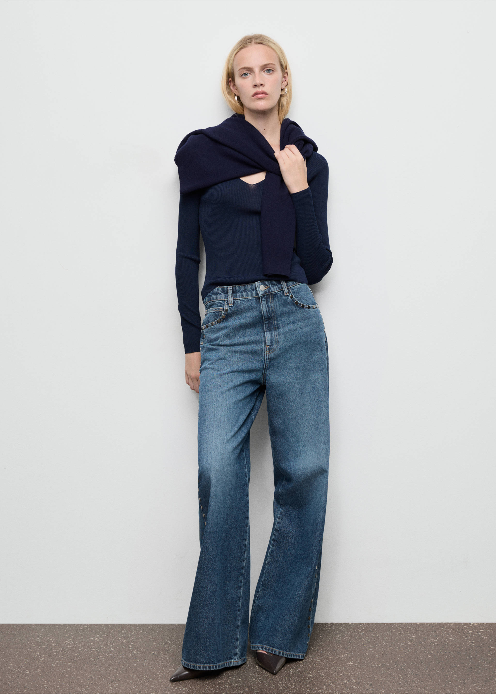 Wide leg studded jeans - General plane, Dark Blue. Ref: 17046004-00.