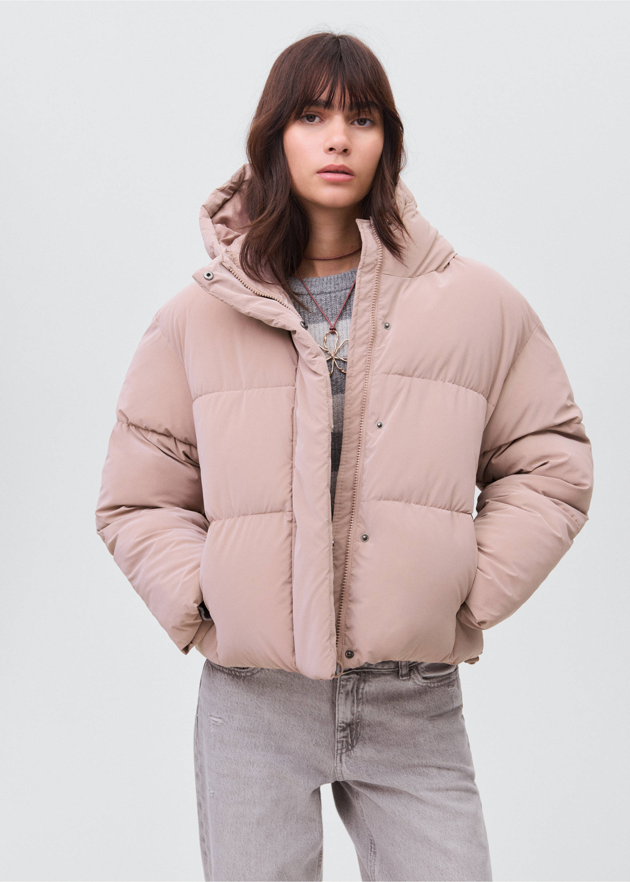 Waxed-effect padded anorak - Medium plane, Pastel Pink. Ref: 17046326-00.