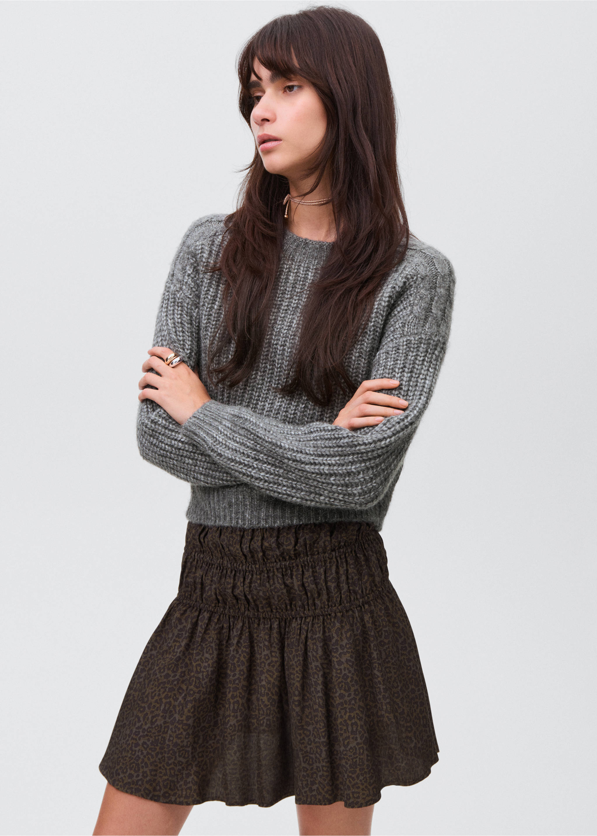 Leopard-print gathered skirt - Details of the article 1, Brown. Ref: 17046332-00.