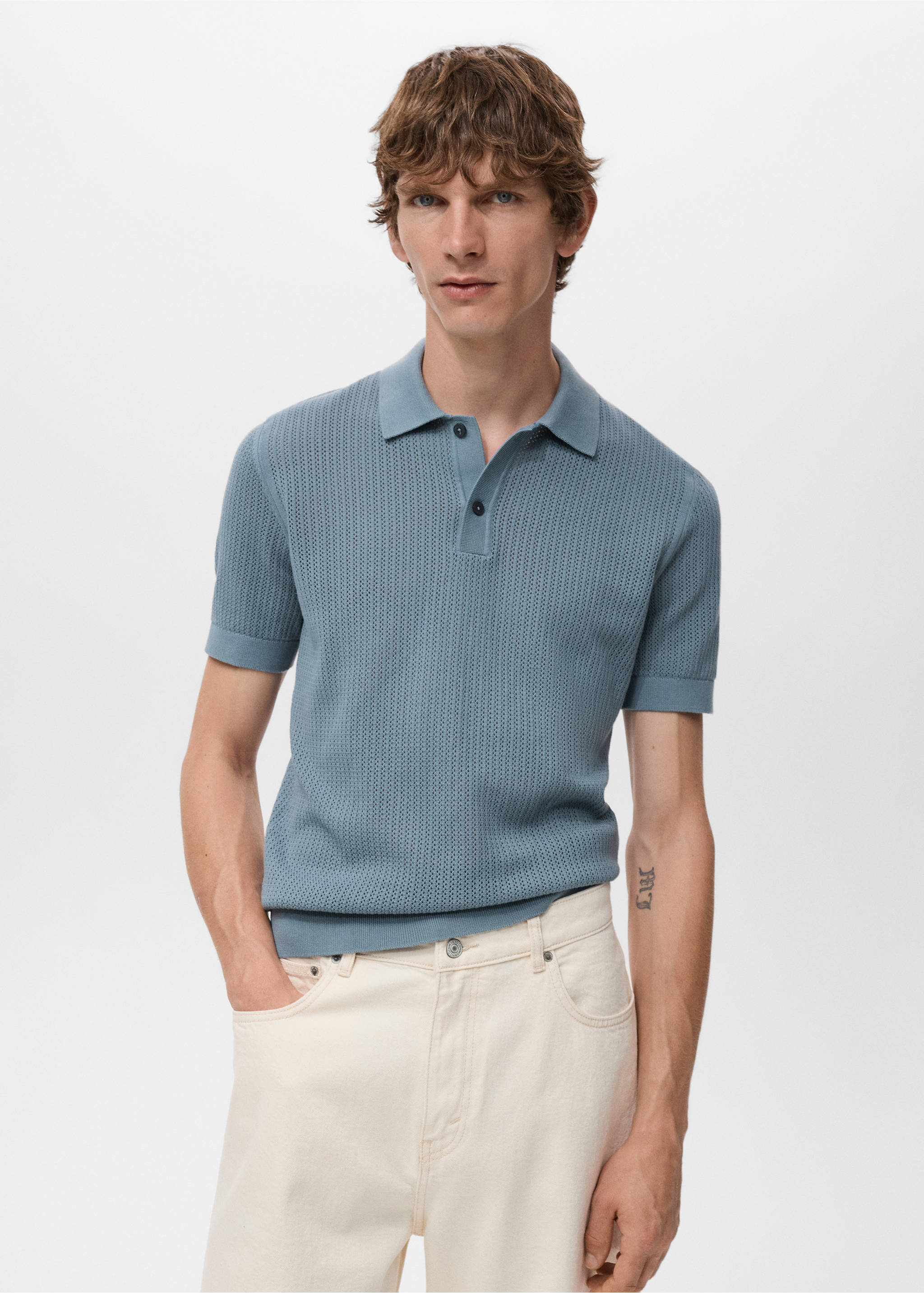 Openwork knitted cotton polo shirt - Medium plane, Indigo Blue. Ref: 17047762-00.