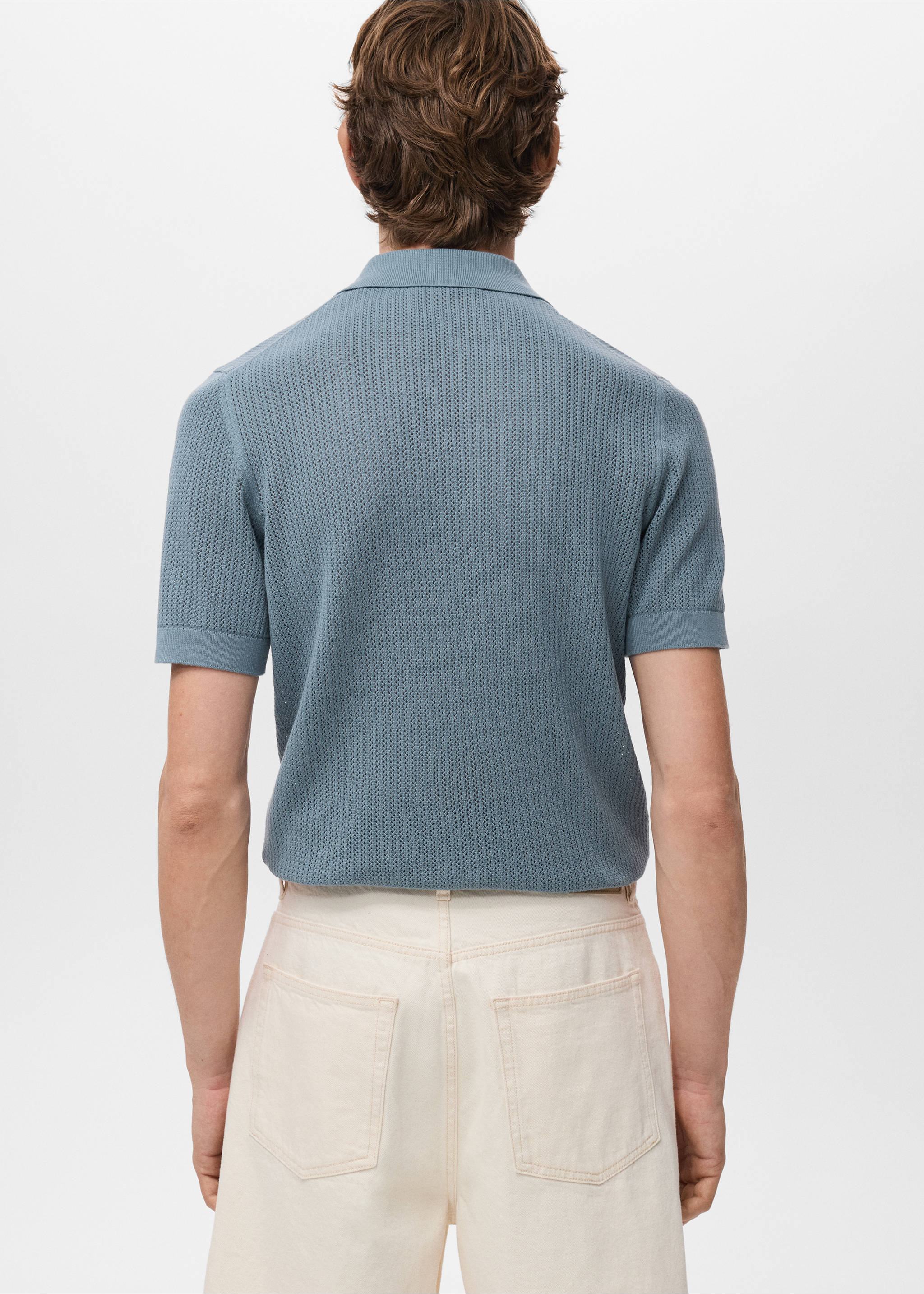 Openwork knitted cotton polo shirt - Reverse of the article, Indigo Blue. Ref: 17047762-00.
