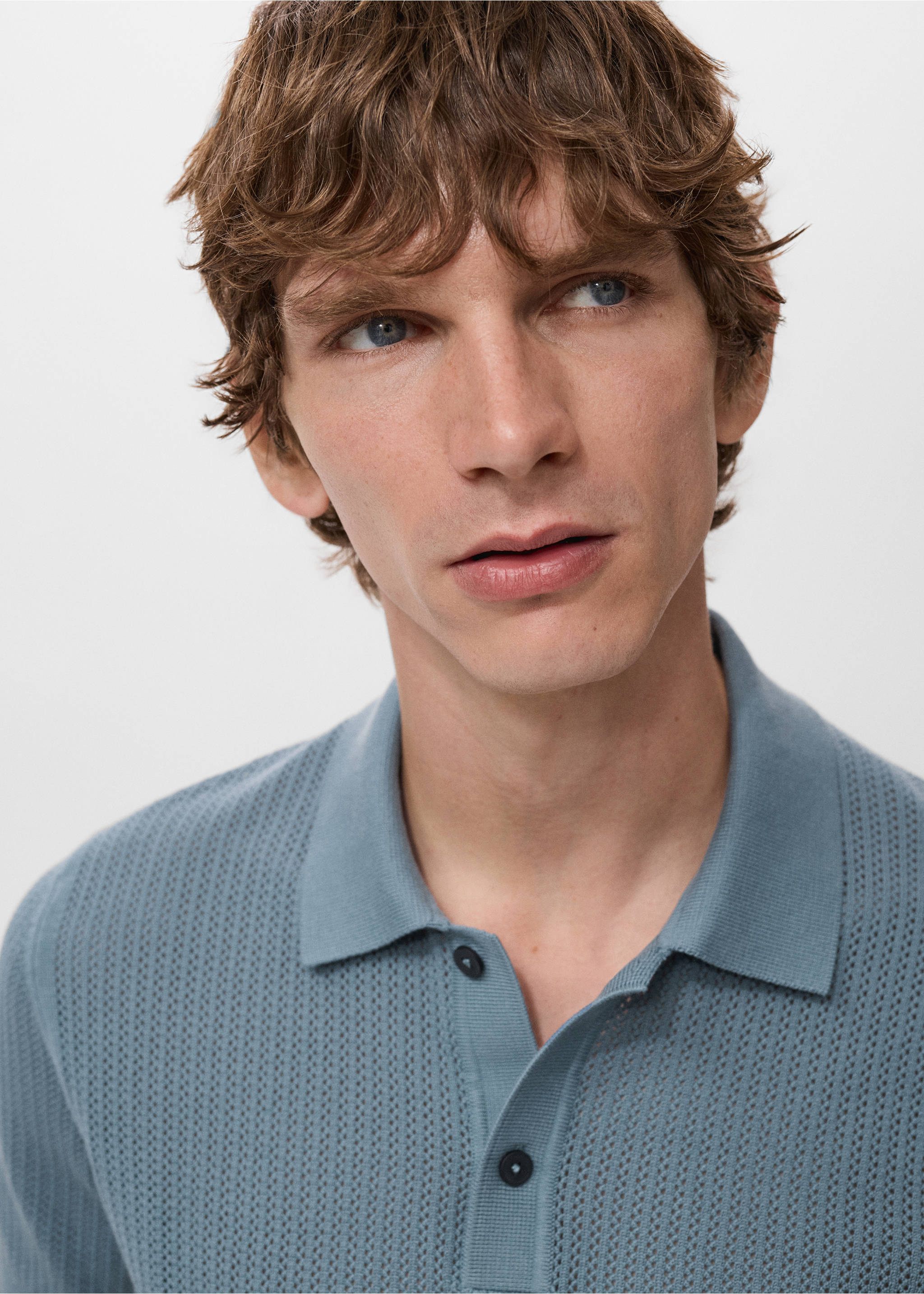 Openwork knitted cotton polo shirt - Details of the article 1, Indigo Blue. Ref: 17047762-00.