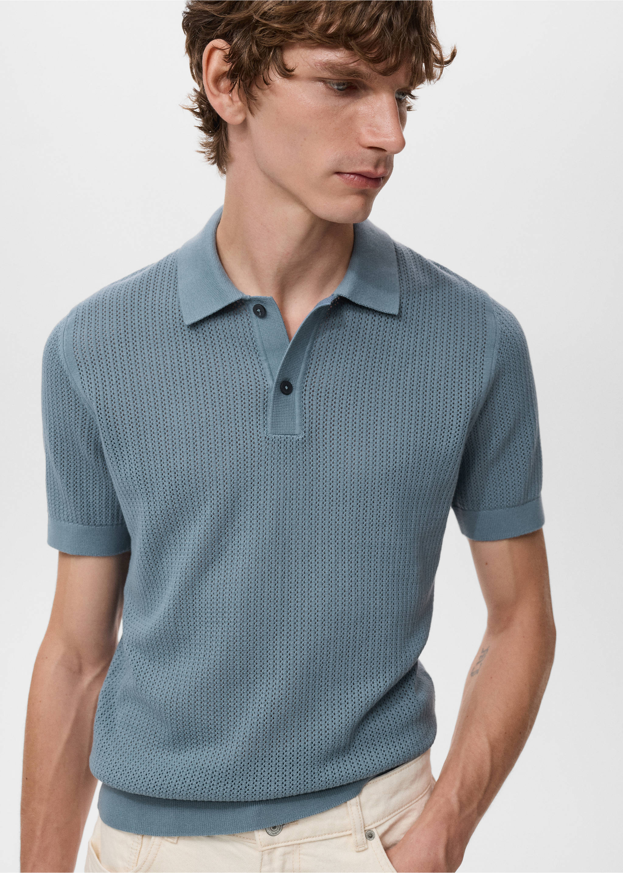 Openwork knitted cotton polo shirt - Details of the article 6, Indigo Blue. Ref: 17047762-00.