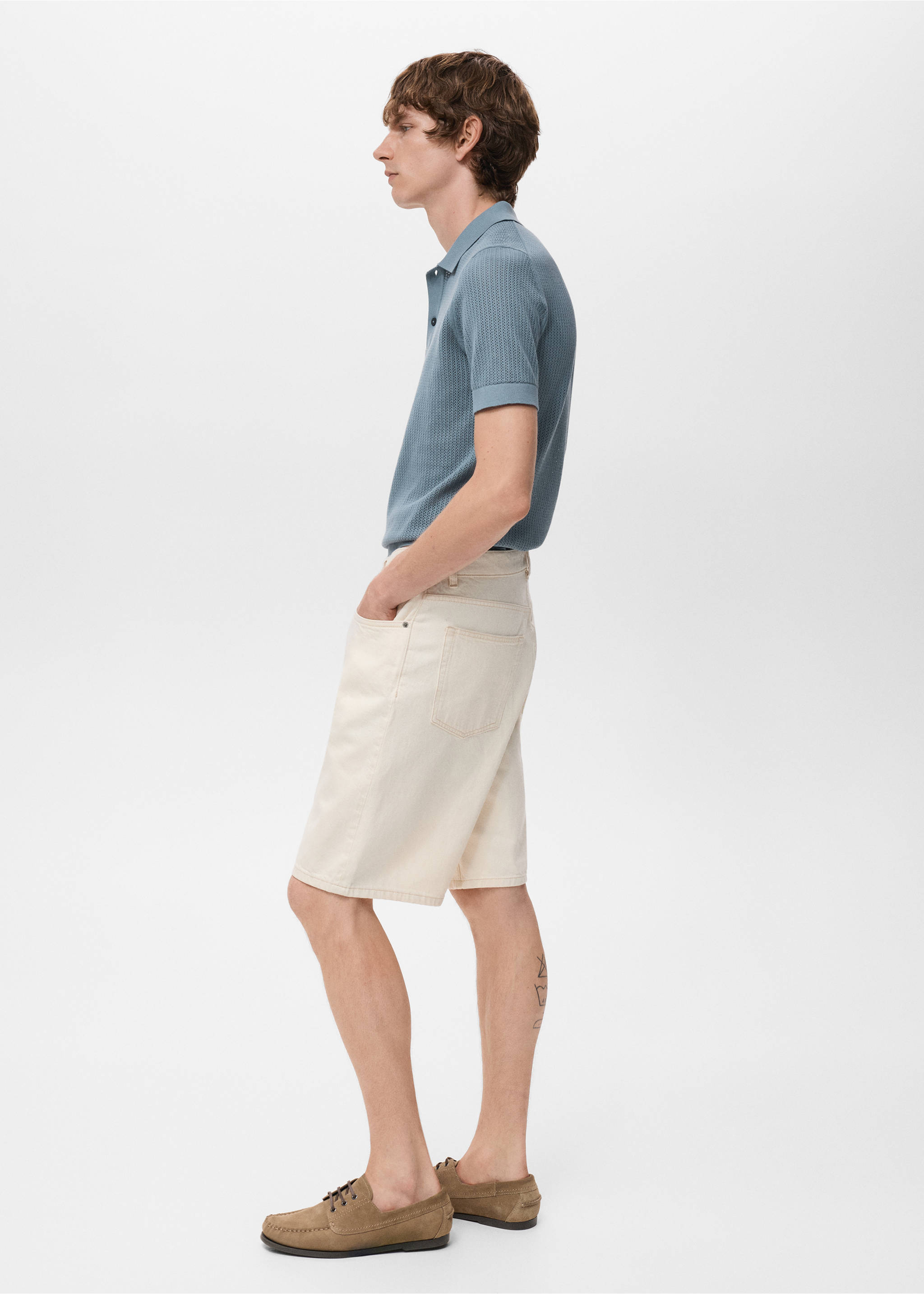 Openwork knitted cotton polo shirt - Details of the article 2, Indigo Blue. Ref: 17047762-00.