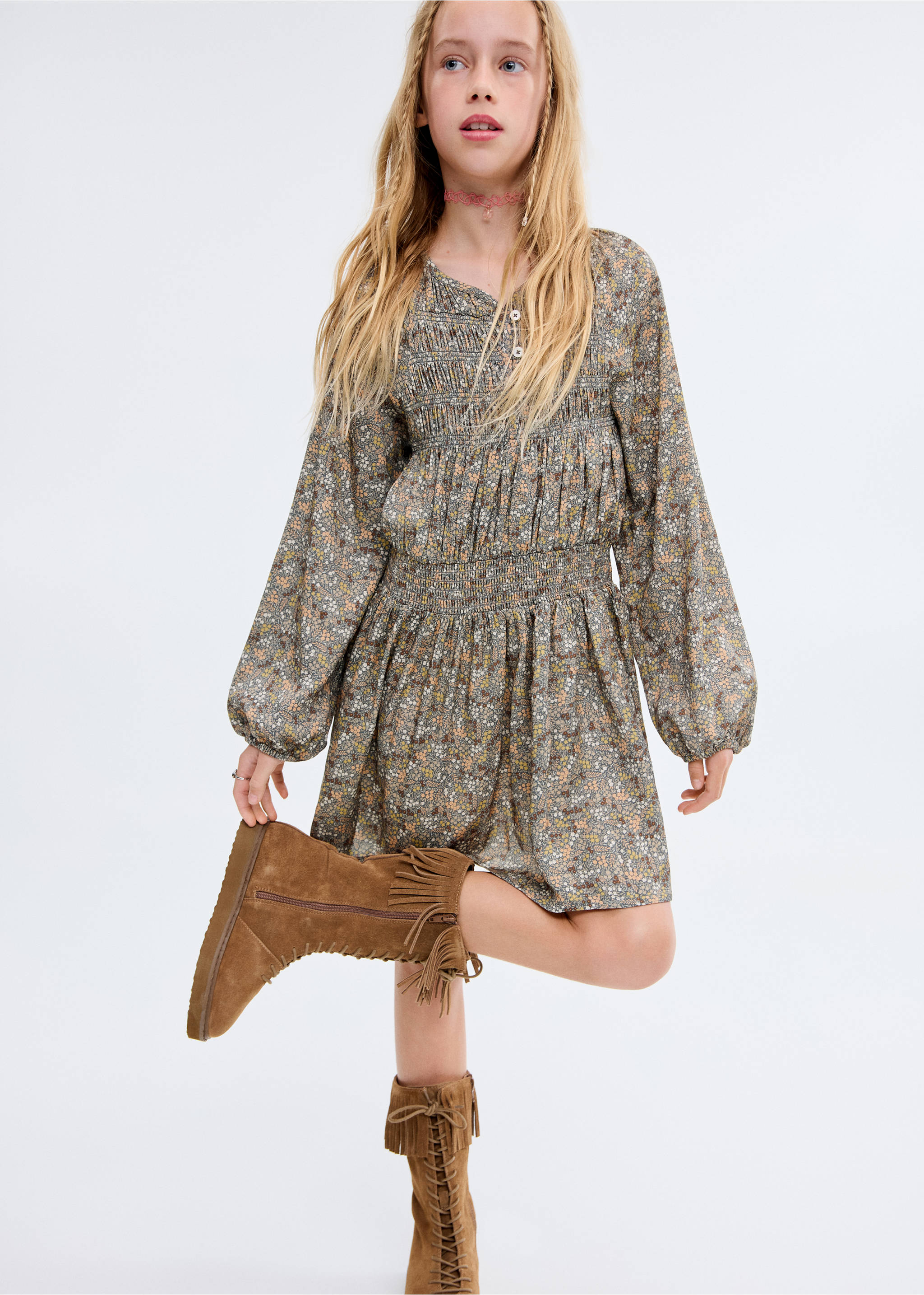 Ruched floral dress - Details of the article 1, Dark Green. Ref: 17047770-00.