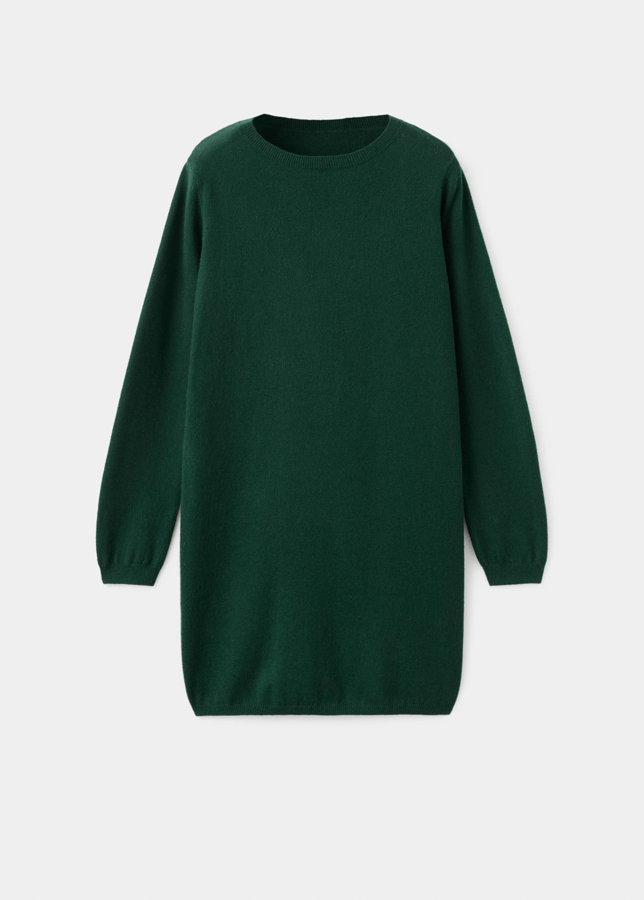 Vestido de punto en verde oscuro con cuello redondo y manga larga.