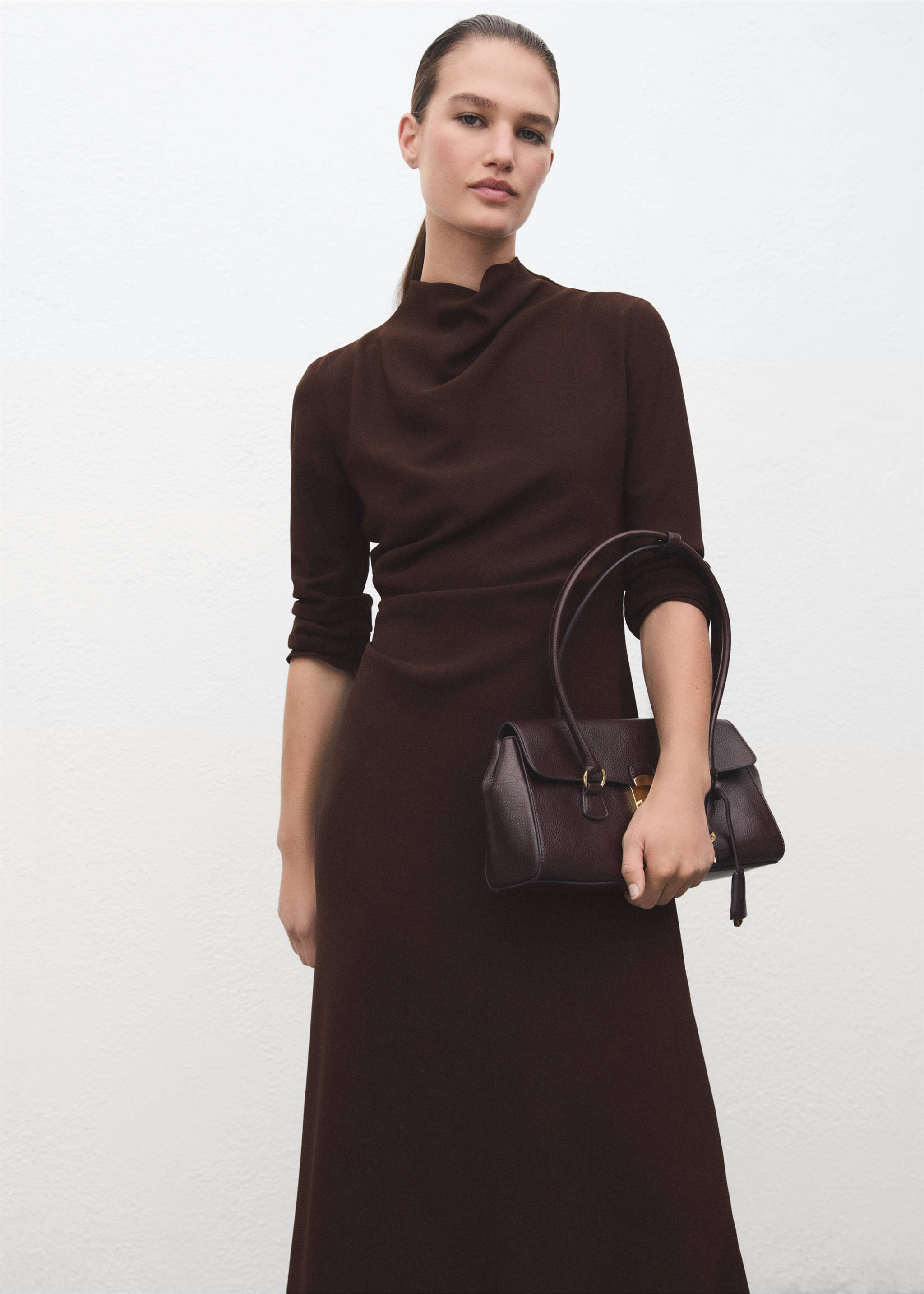 Dark brown midi dress with a high draped cowl neck and long sleeves., Chocolate. Ref: 17047808-00.