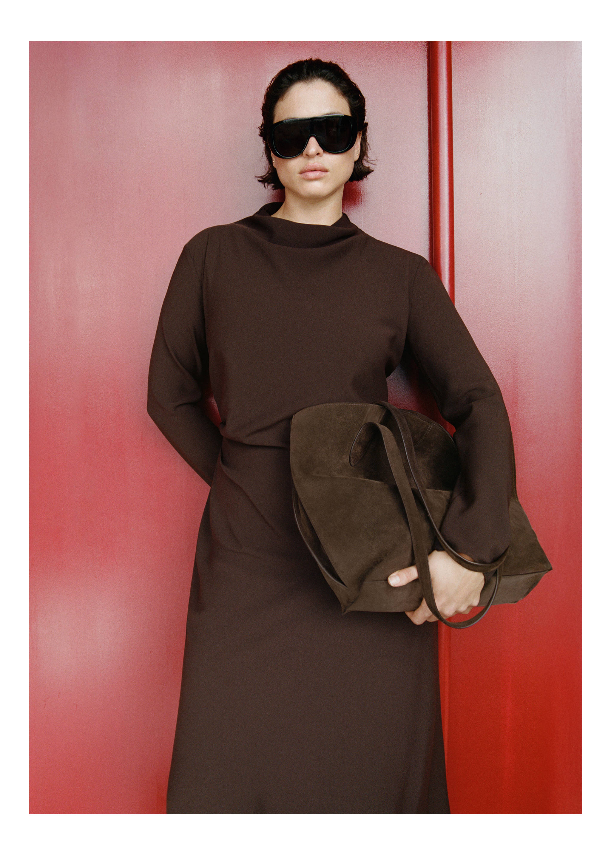 Brown long-sleeved dress featuring a draped cowl neckline and a straight silhouette., Chocolate. Ref: 17047808-00.