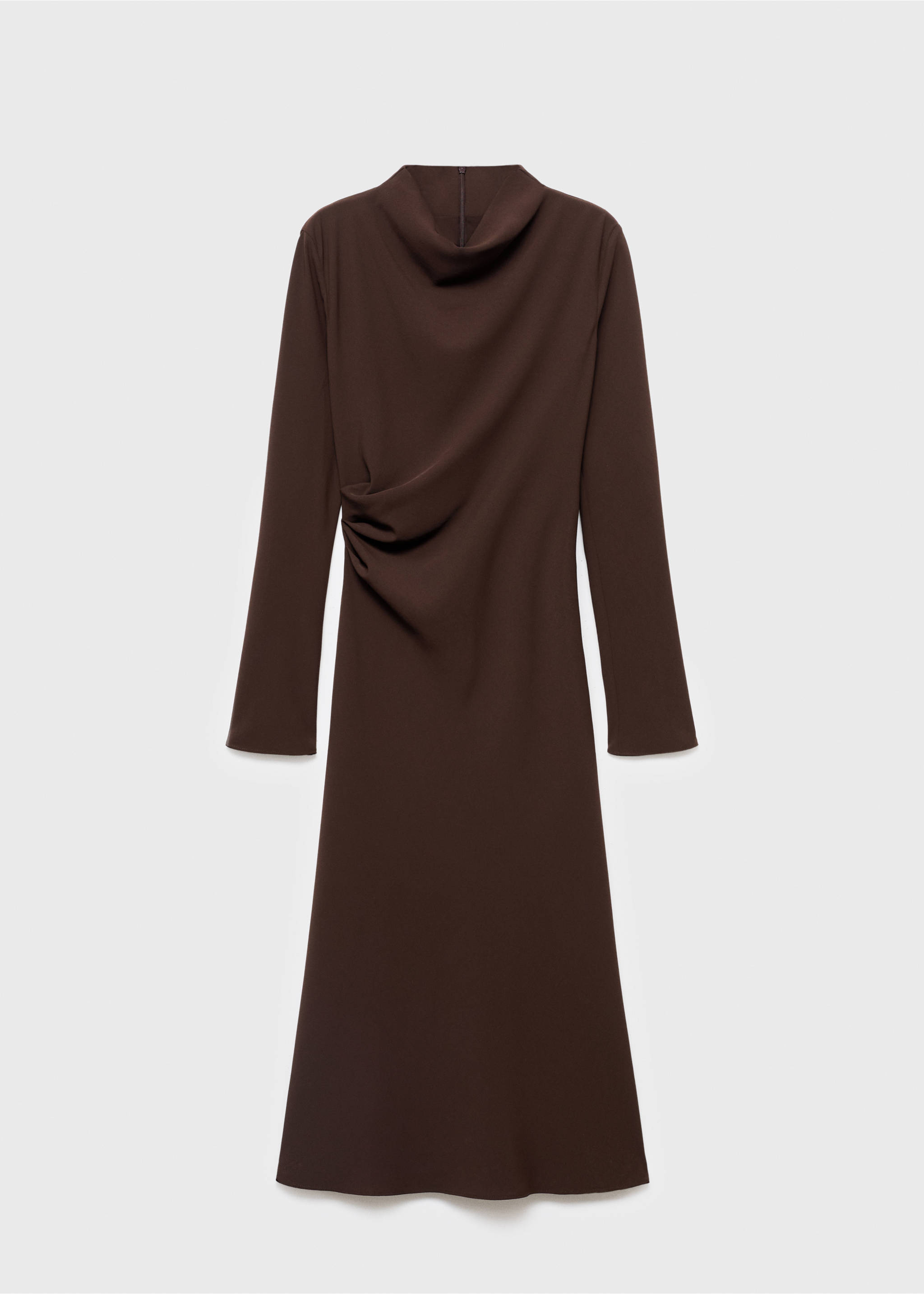 Brown long-sleeved midi dress with cowl neck and ruched waist., Chocolate. Ref: 17047808-00.