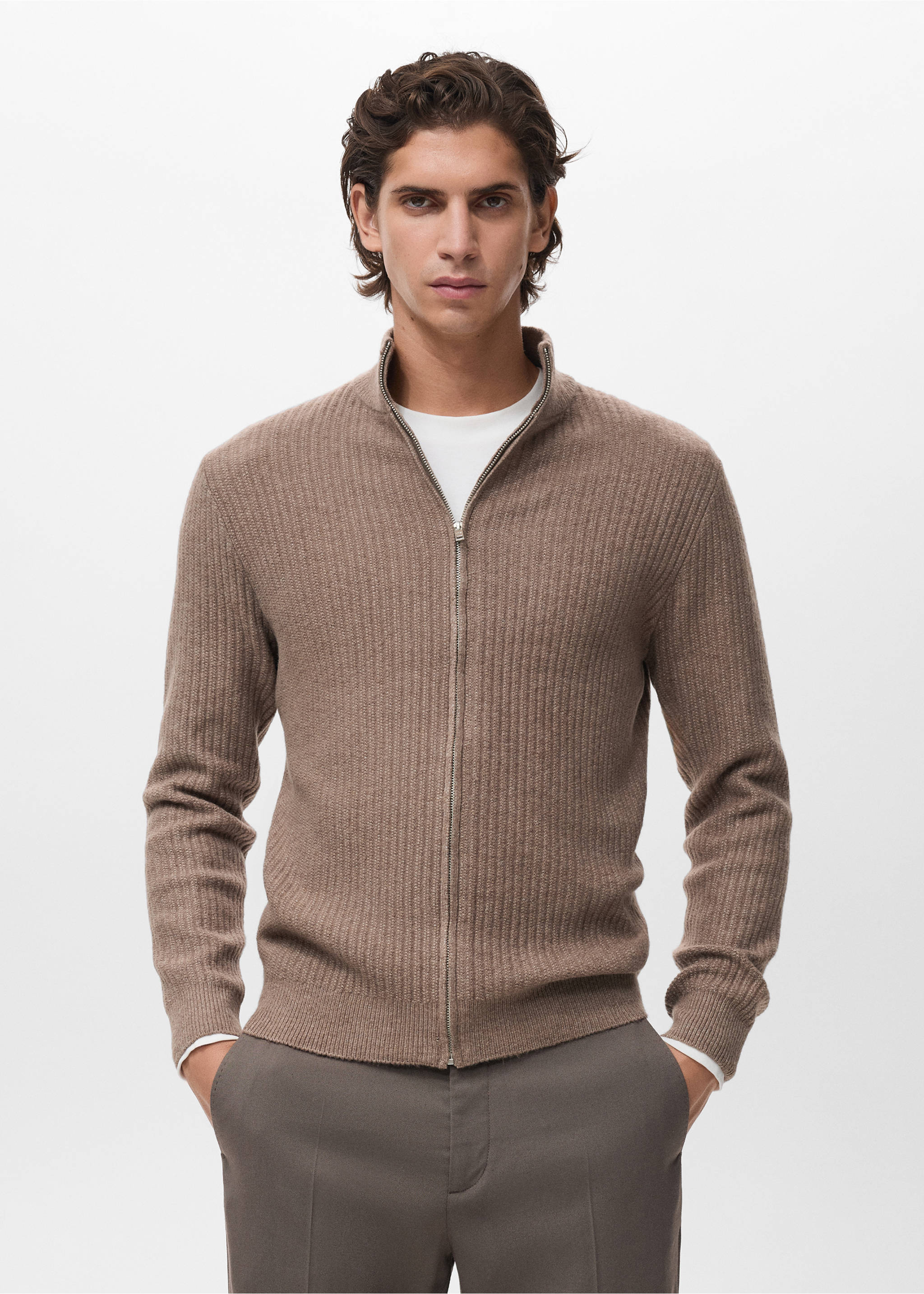 Ribbed-knit cardigan with zip - Medium plane, Medium Brown. Ref: 17047897-00.