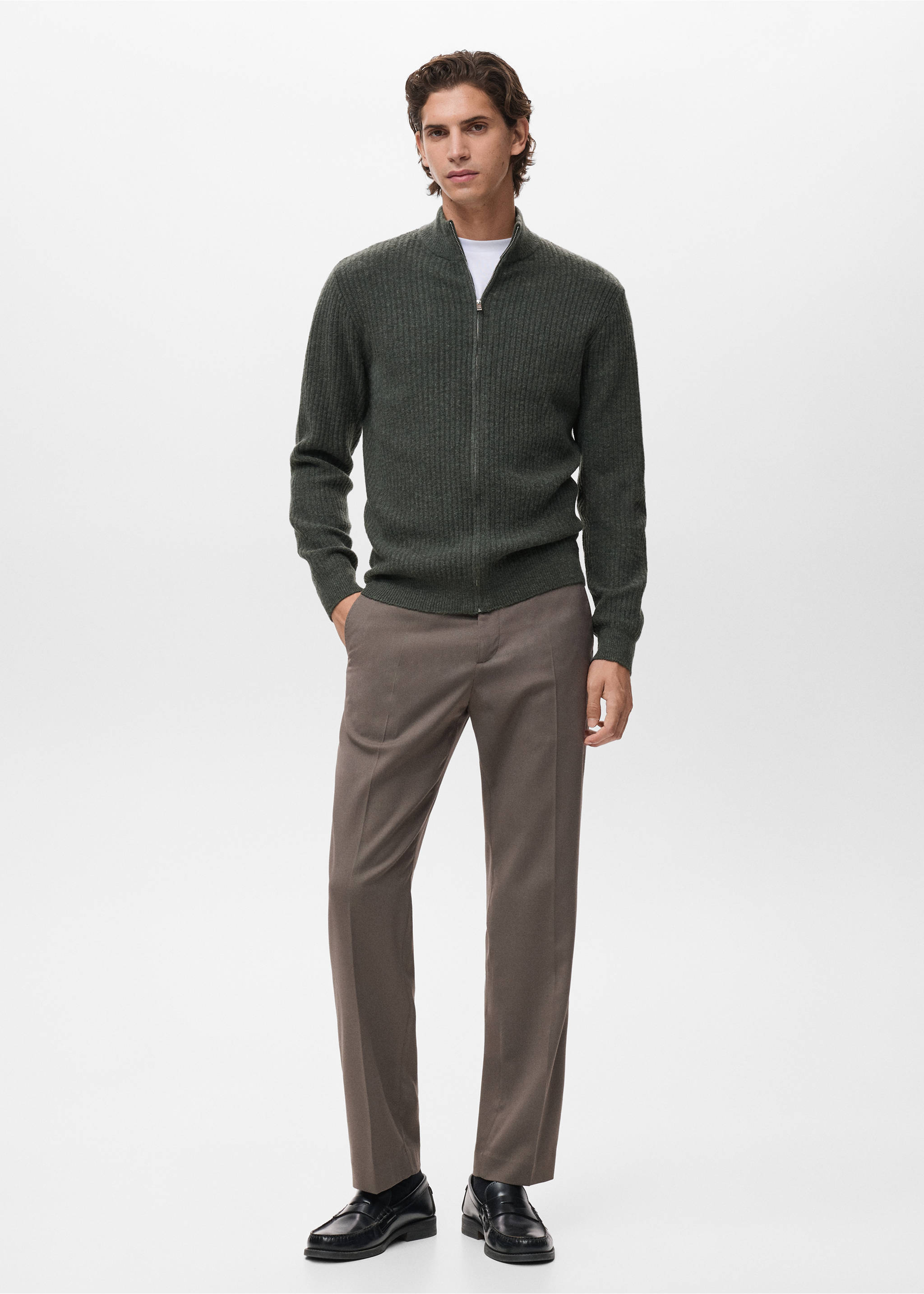 Ribbed-knit cardigan with zip - General plane, Dark Green. Ref: 17047897-00.