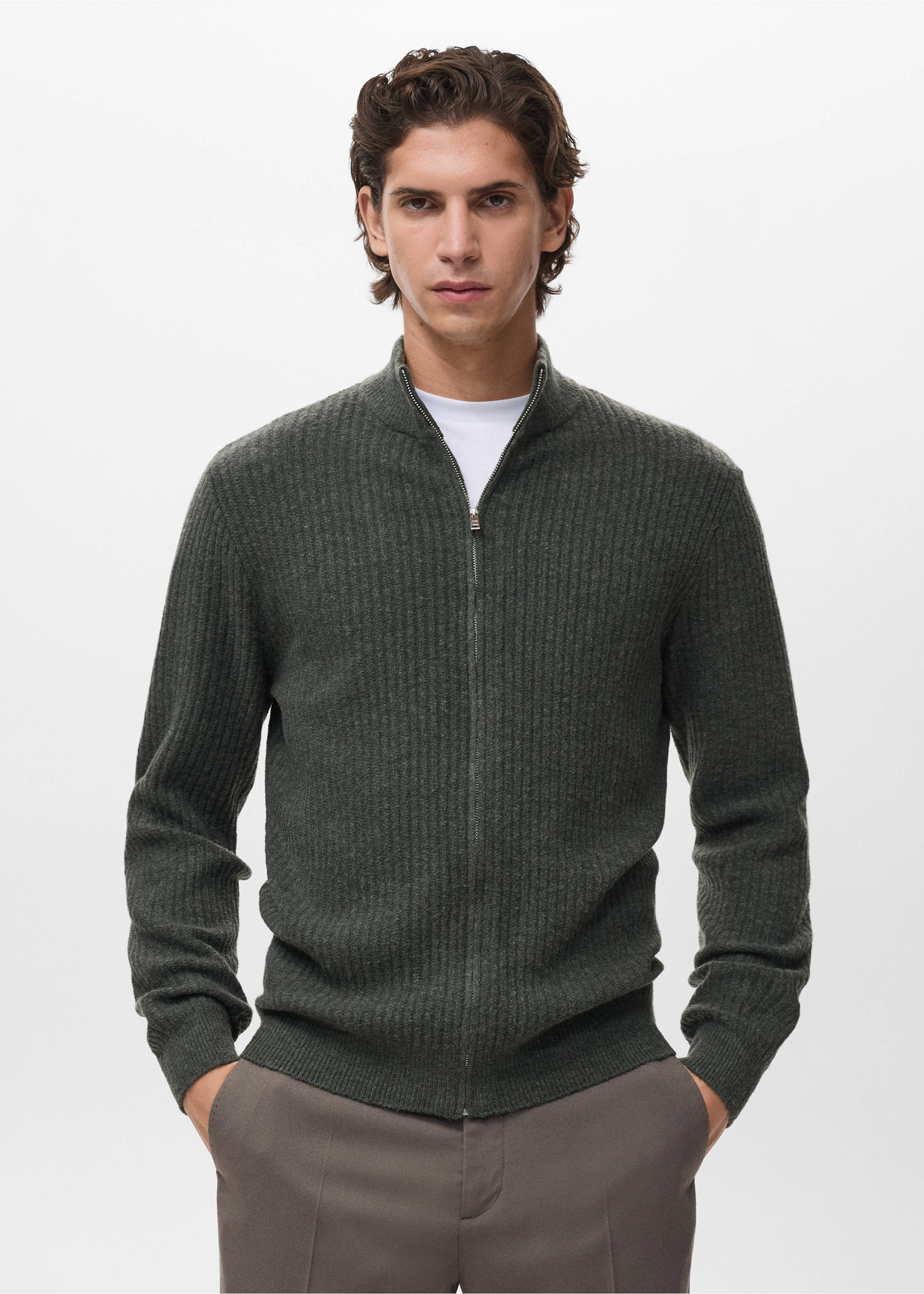 Ribbed-knit cardigan with zip - Medium plane, Dark Green. Ref: 17047897-00.