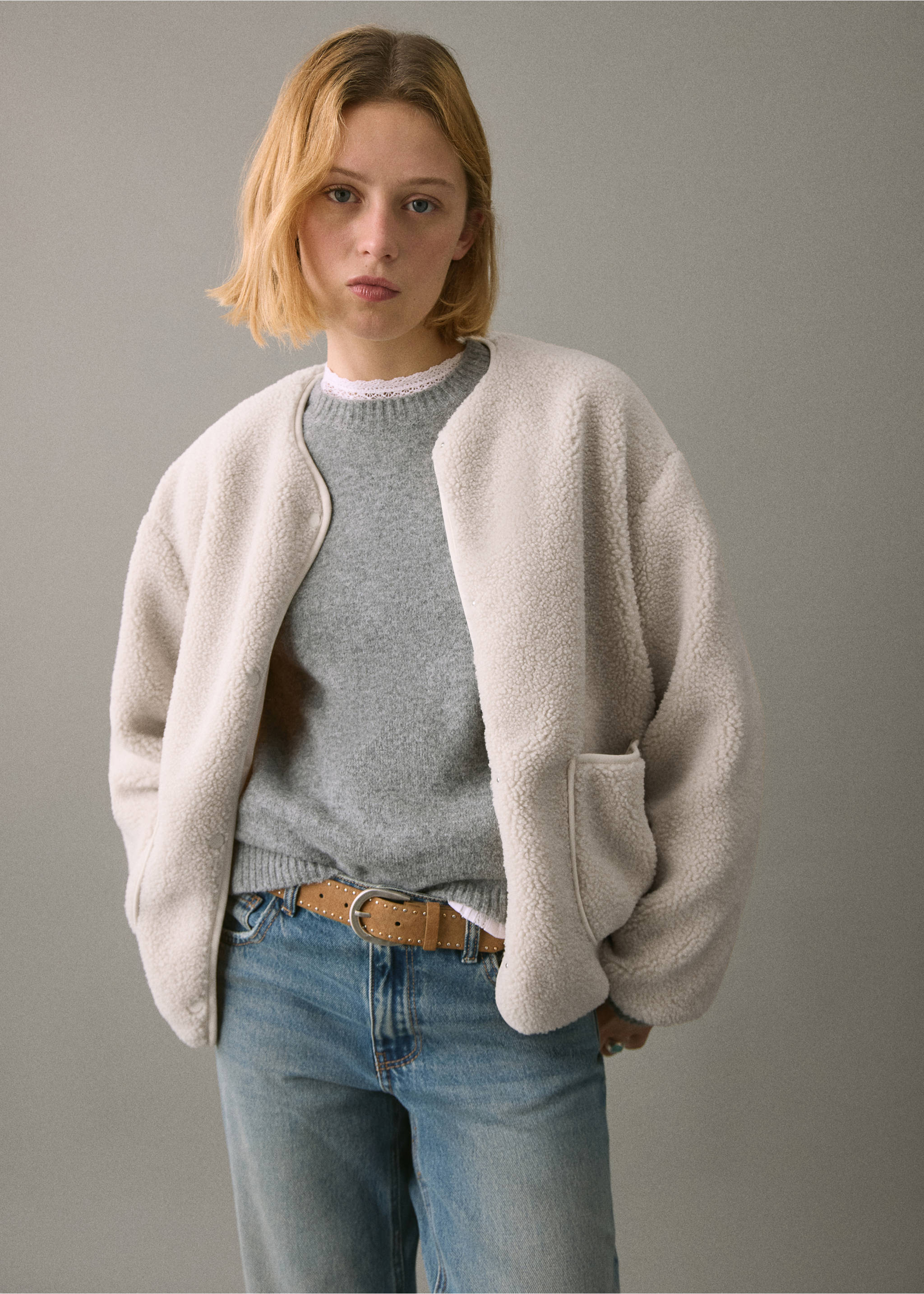 Shearling-effect jacket - Medium plane, Ecru. Ref: 17047898-00.