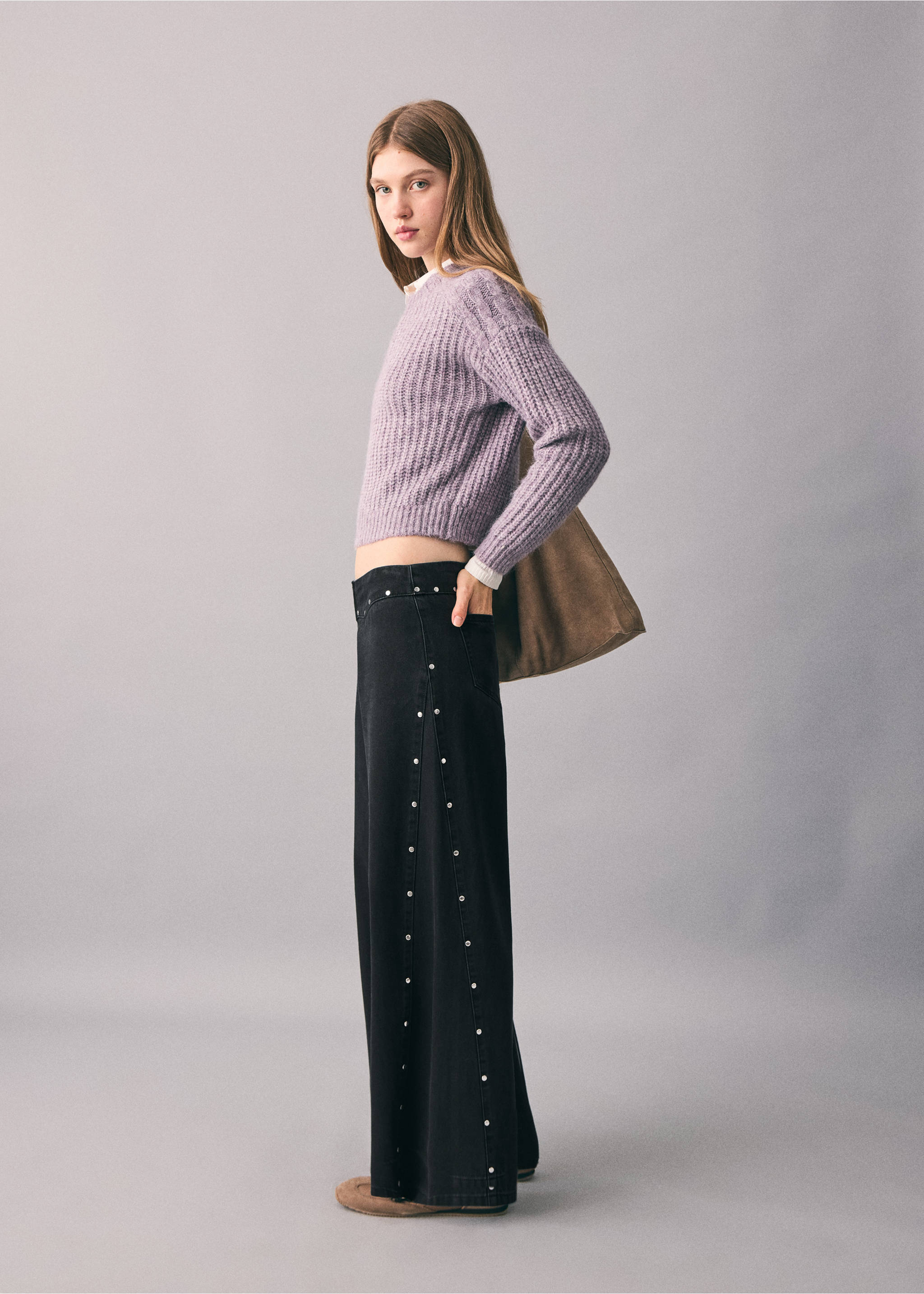 Wide leg jeans with studs - Medium plane, Black denim. Ref: 17048267-00.