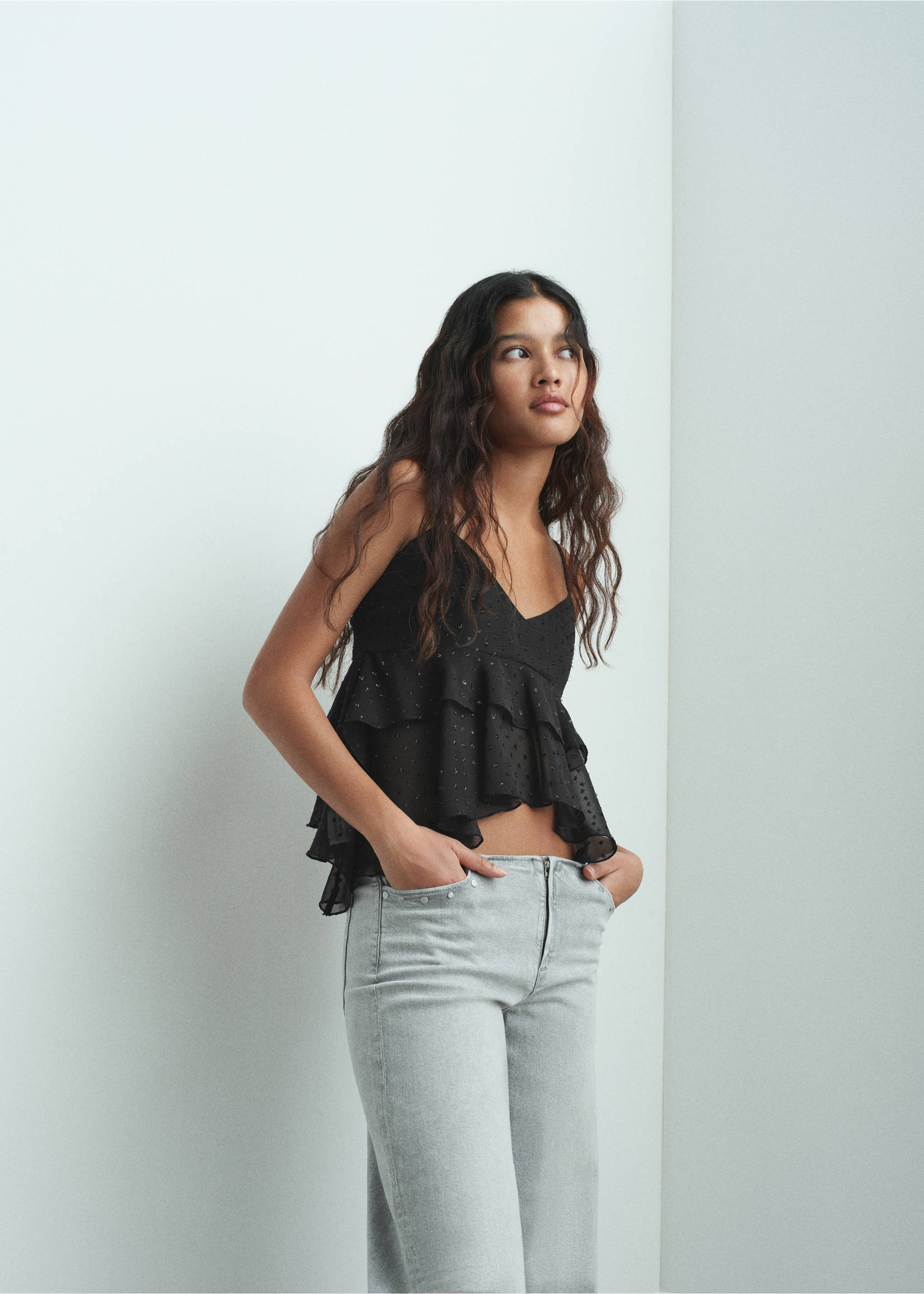 Ruffled plumeti top - General plane, Black. Ref: 17048275-00.