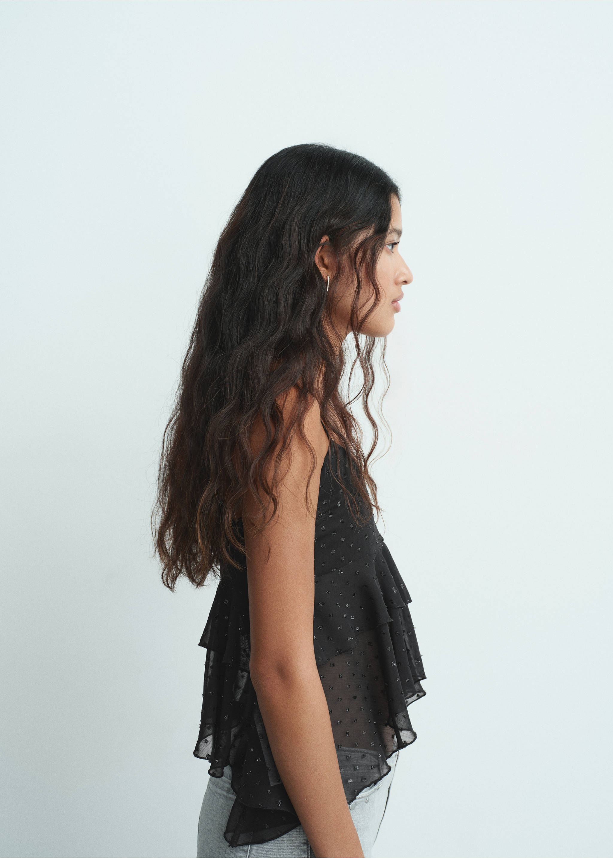 Ruffled plumeti top - Details of the article 1, Black. Ref: 17048275-00.
