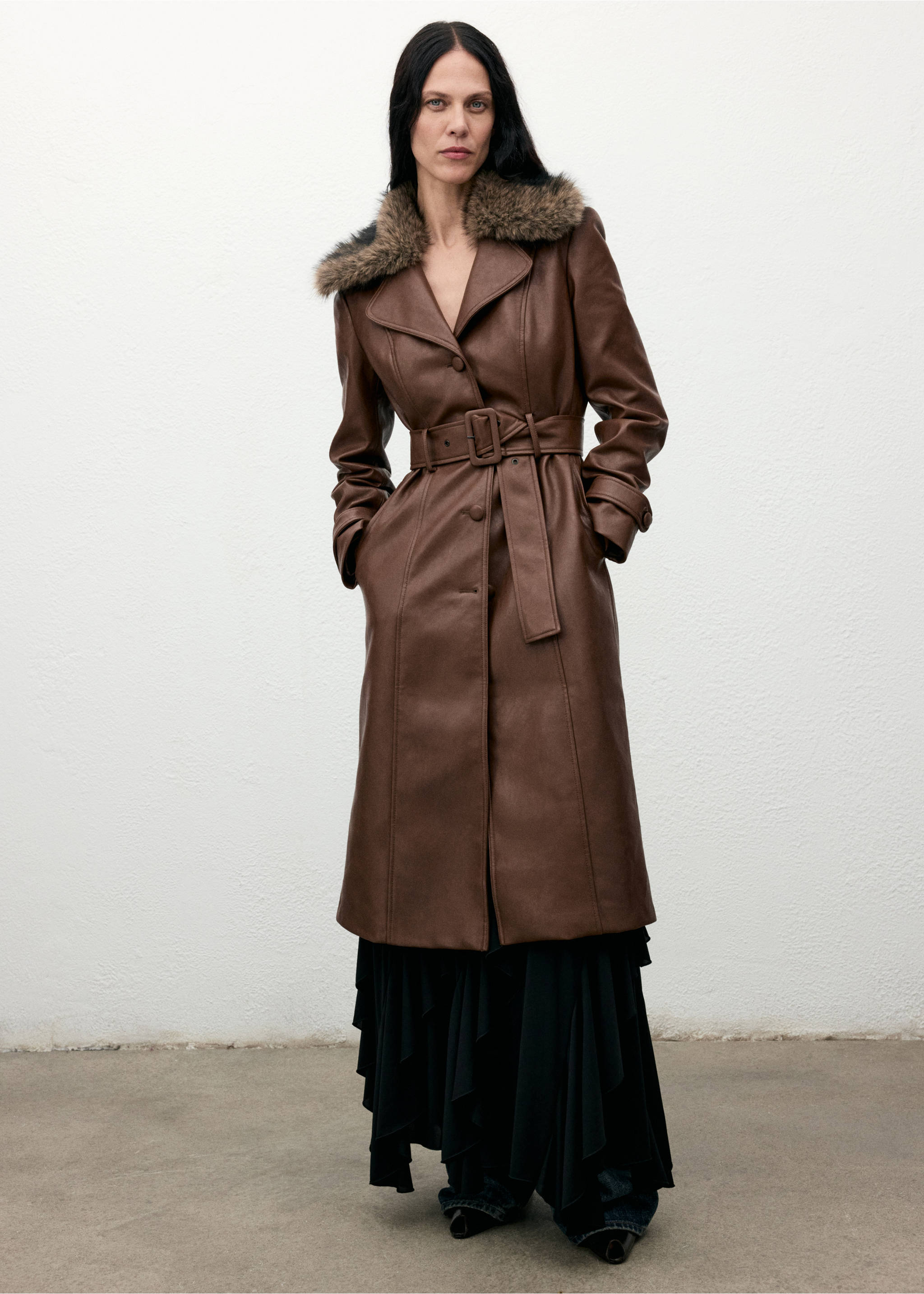 Faux-leather coat with fur collar - General plane, Medium Brown. Ref: 17048282-00.