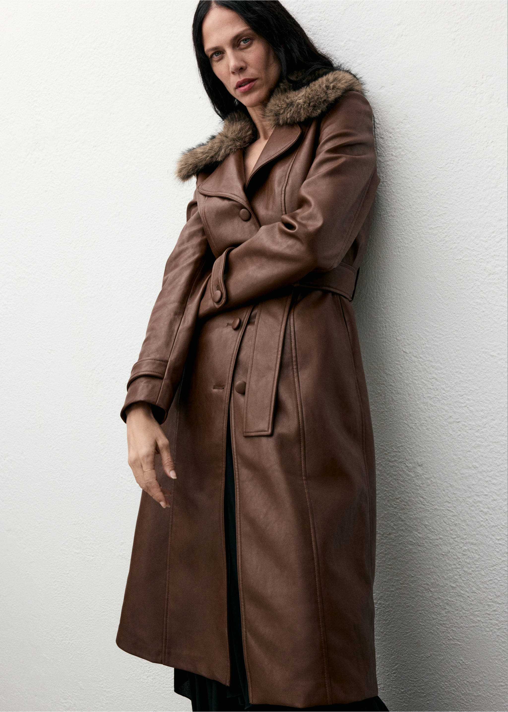 Faux-leather coat with fur collar - Medium plane, Medium Brown. Ref: 17048282-00.