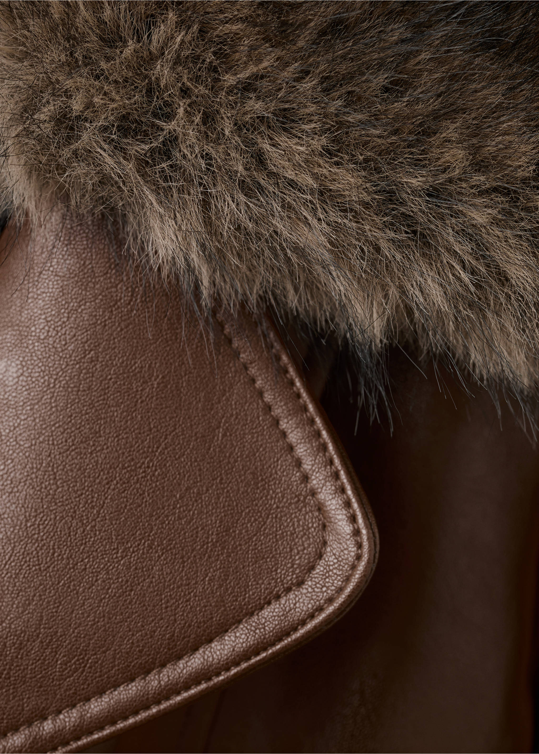 Faux-leather coat with fur collar - Details of the article 0, Medium Brown. Ref: 17048282-00.