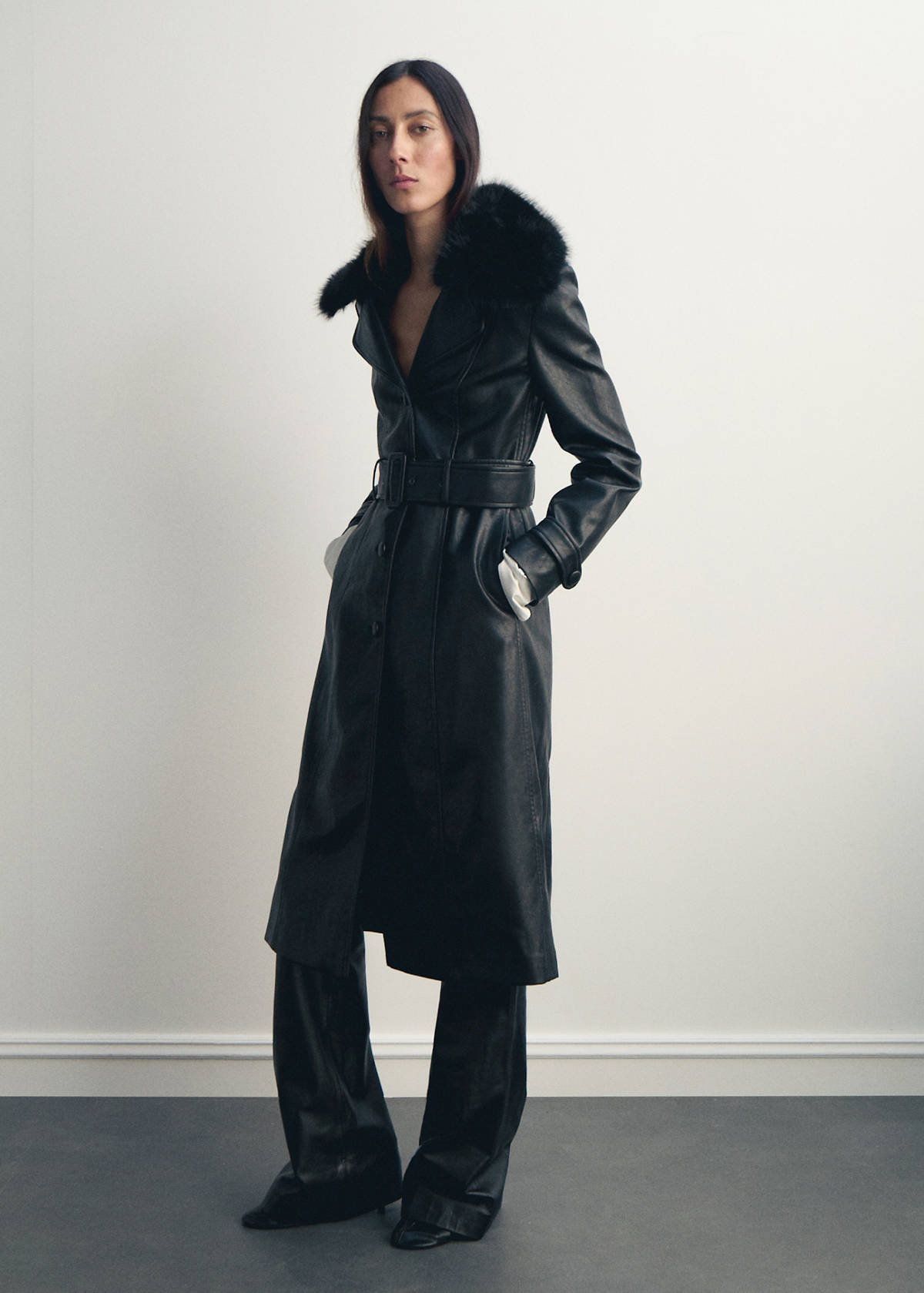 Faux-leather coat with fur collar