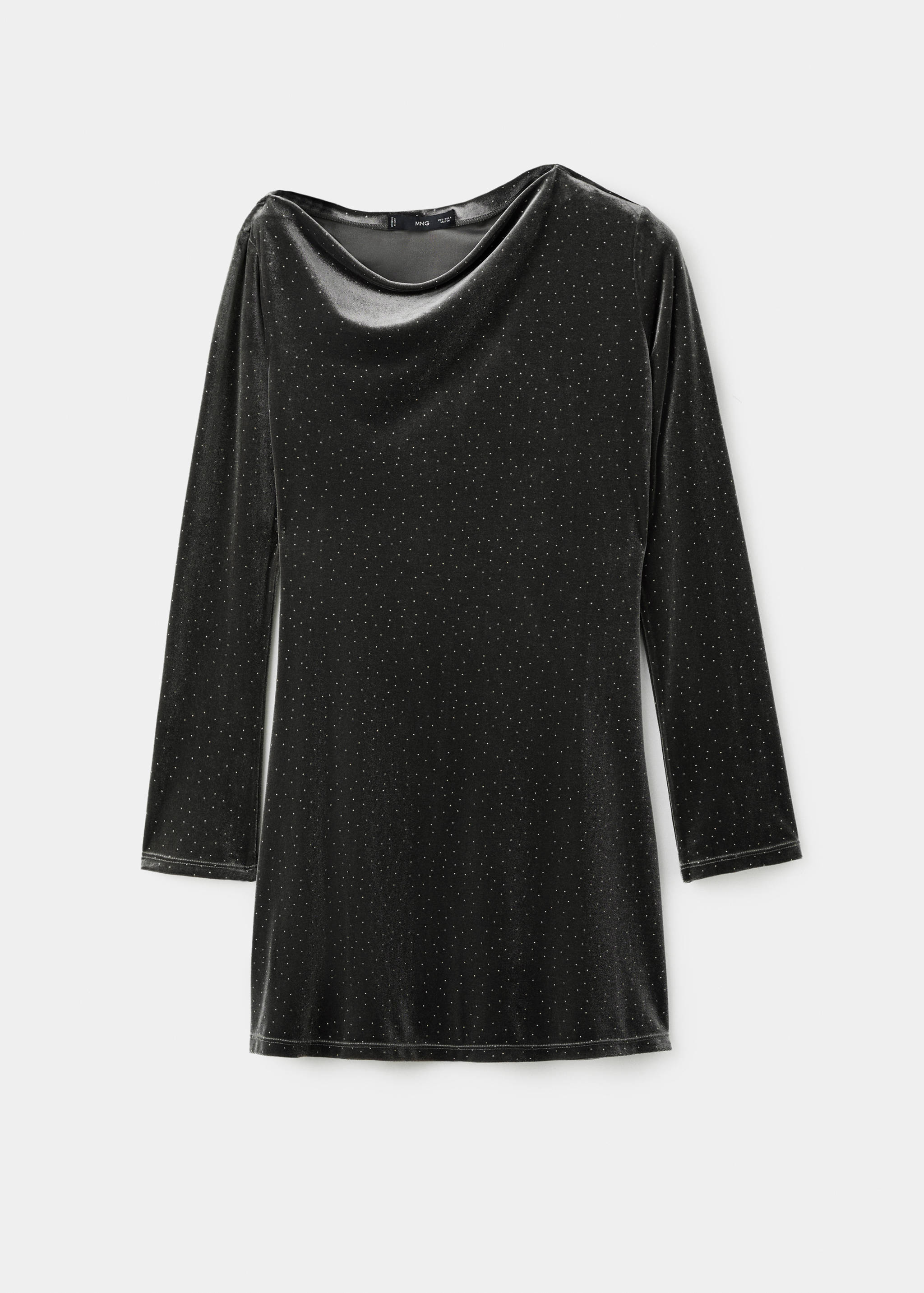 Dark grey velvet dress with cowl neck, long sleeves and glitter dots.