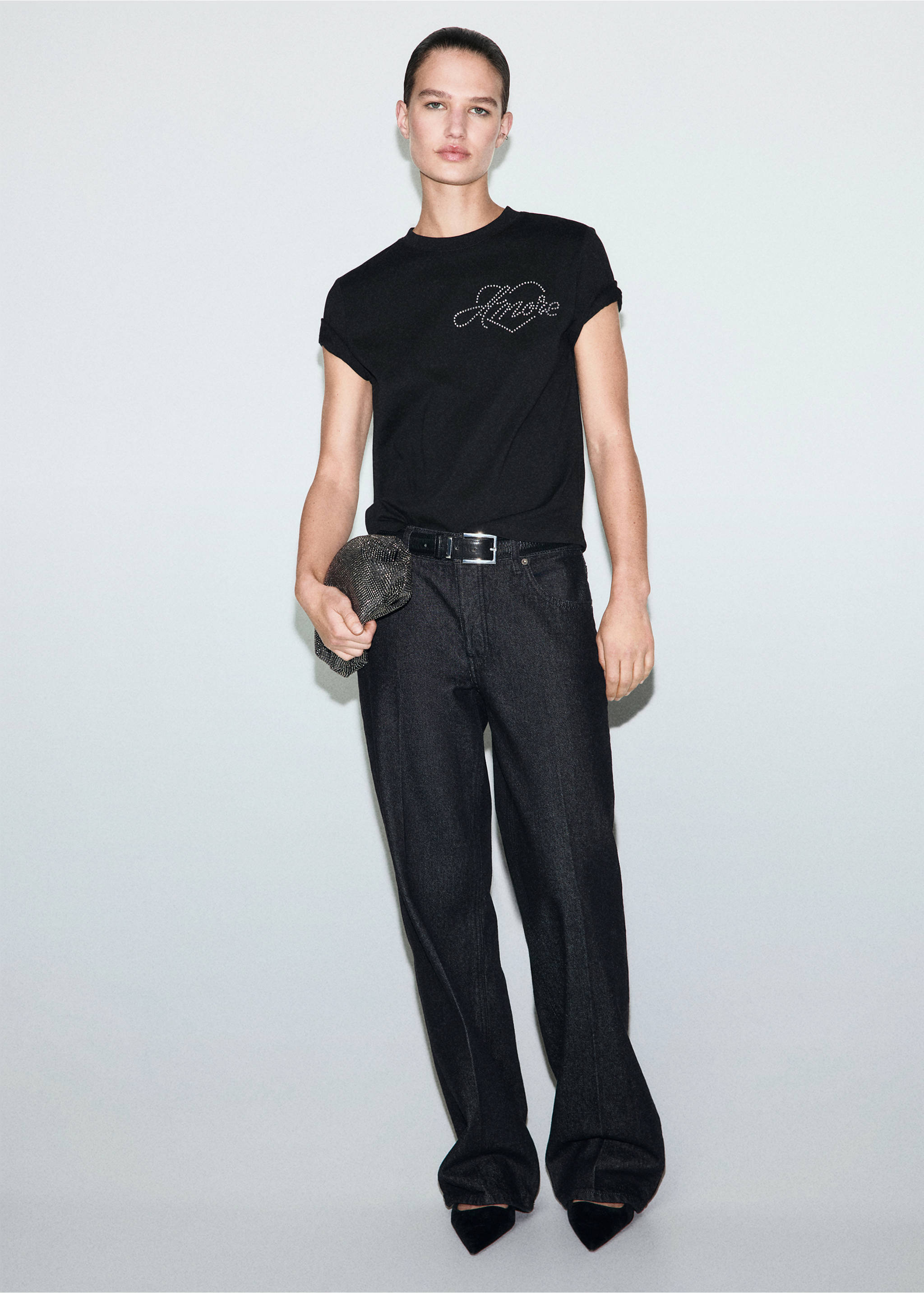 Rhinestone message t-shirt - General plane, Black. Ref: 17049115-00.