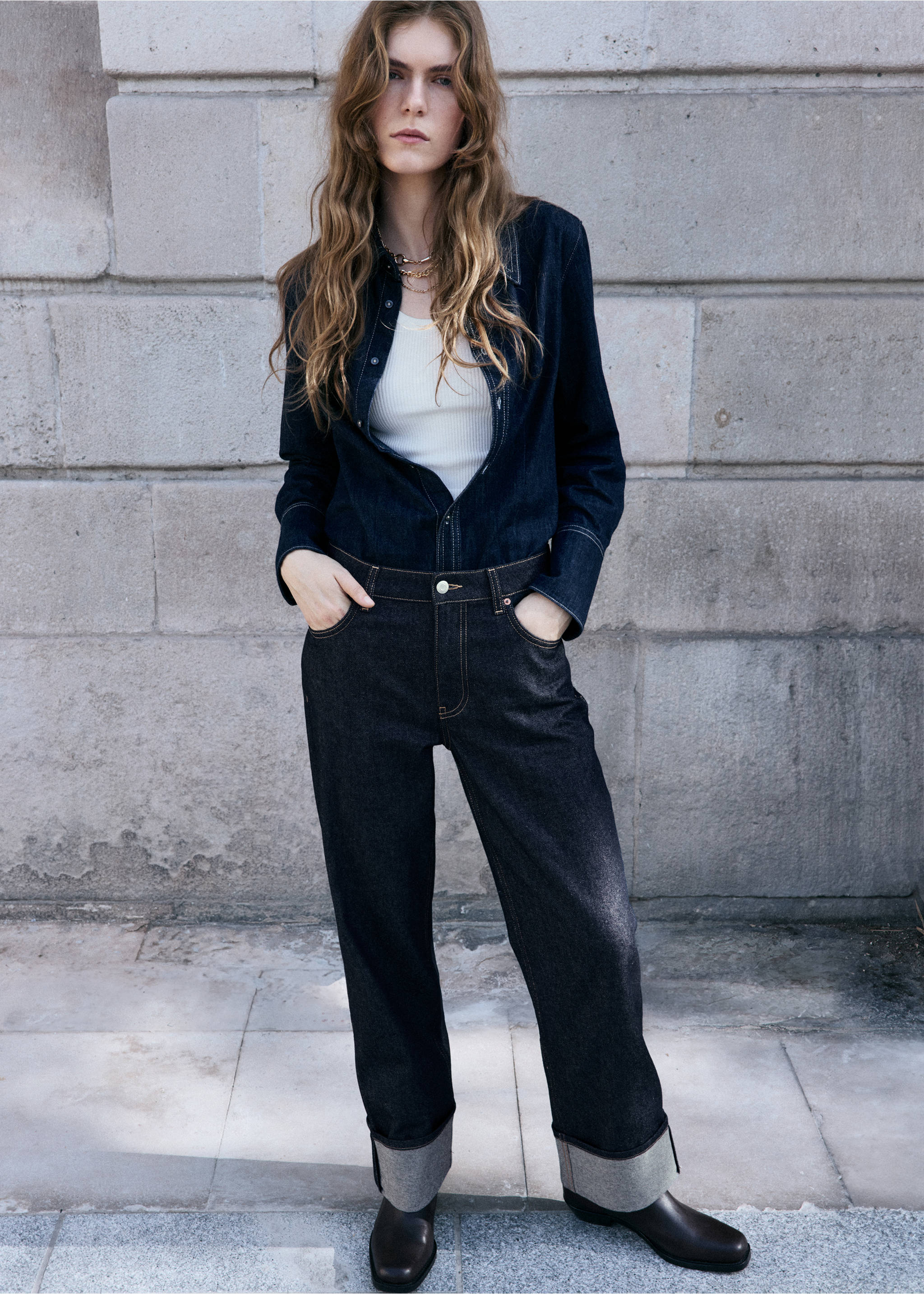 Turned-up straight jeans - General plane, Open Blue. Ref: 17049118-00.