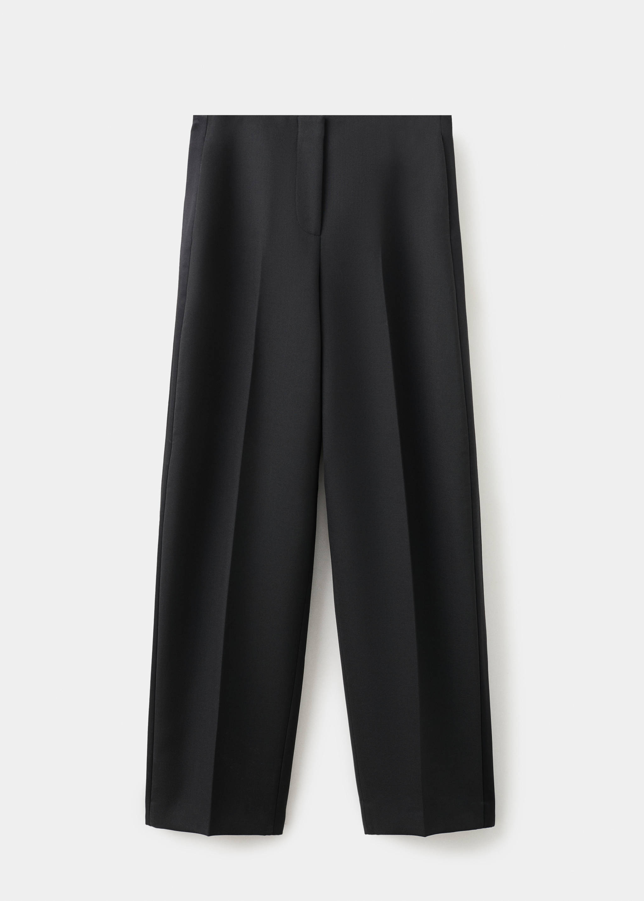 Black high-rise straight-leg trousers with pressed creases.
