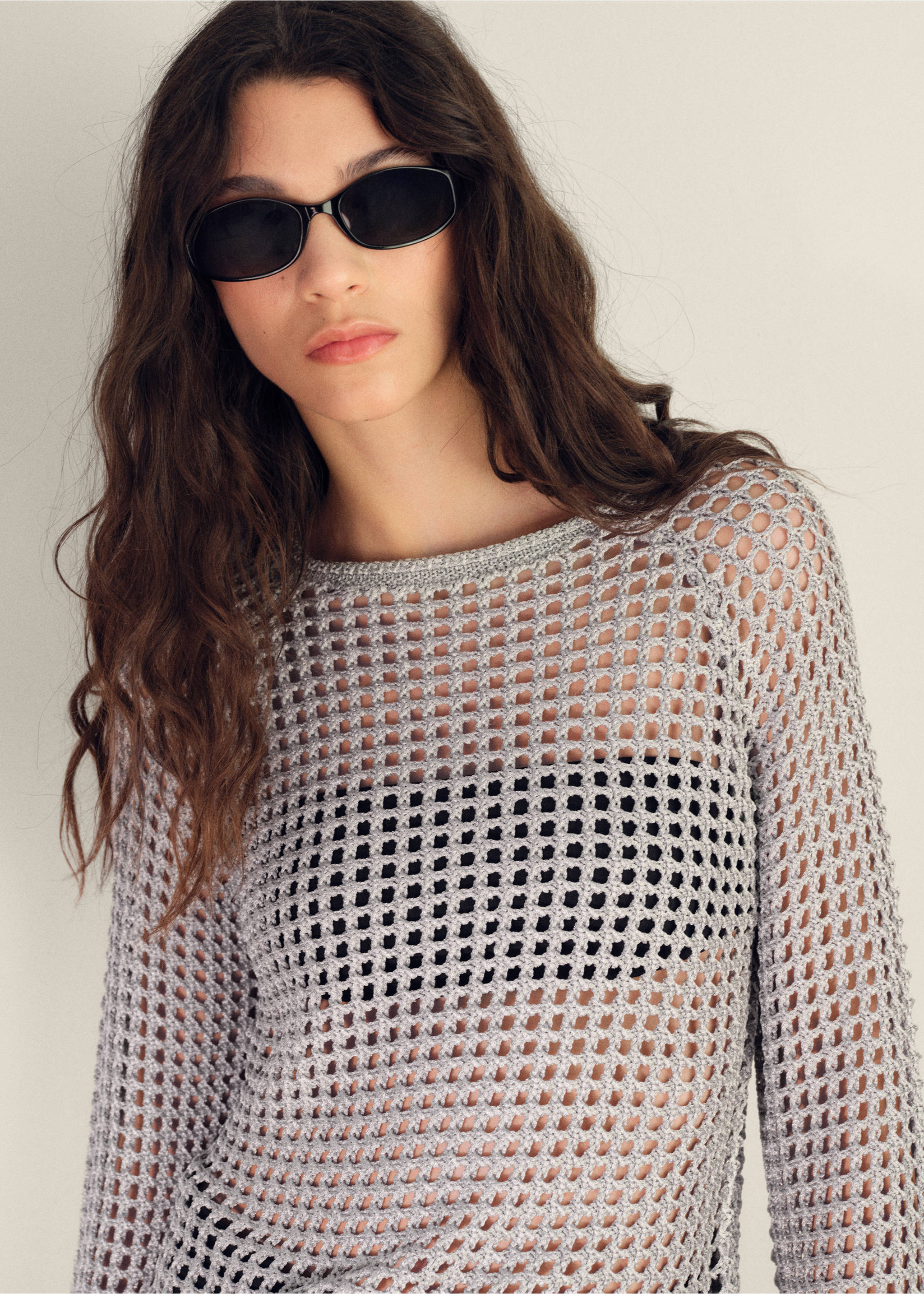 Crochet trui met lange mouwen - Middenvlak, Zilver. Ref: 17051135-00.