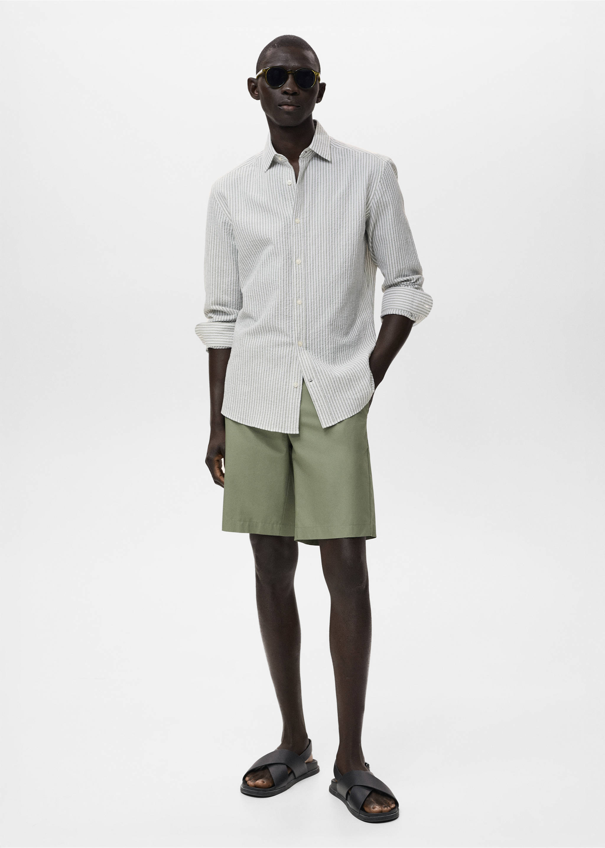 Regular-fit stripe-textured shirt - General plane, Dark Green. Ref: 17051147-00.