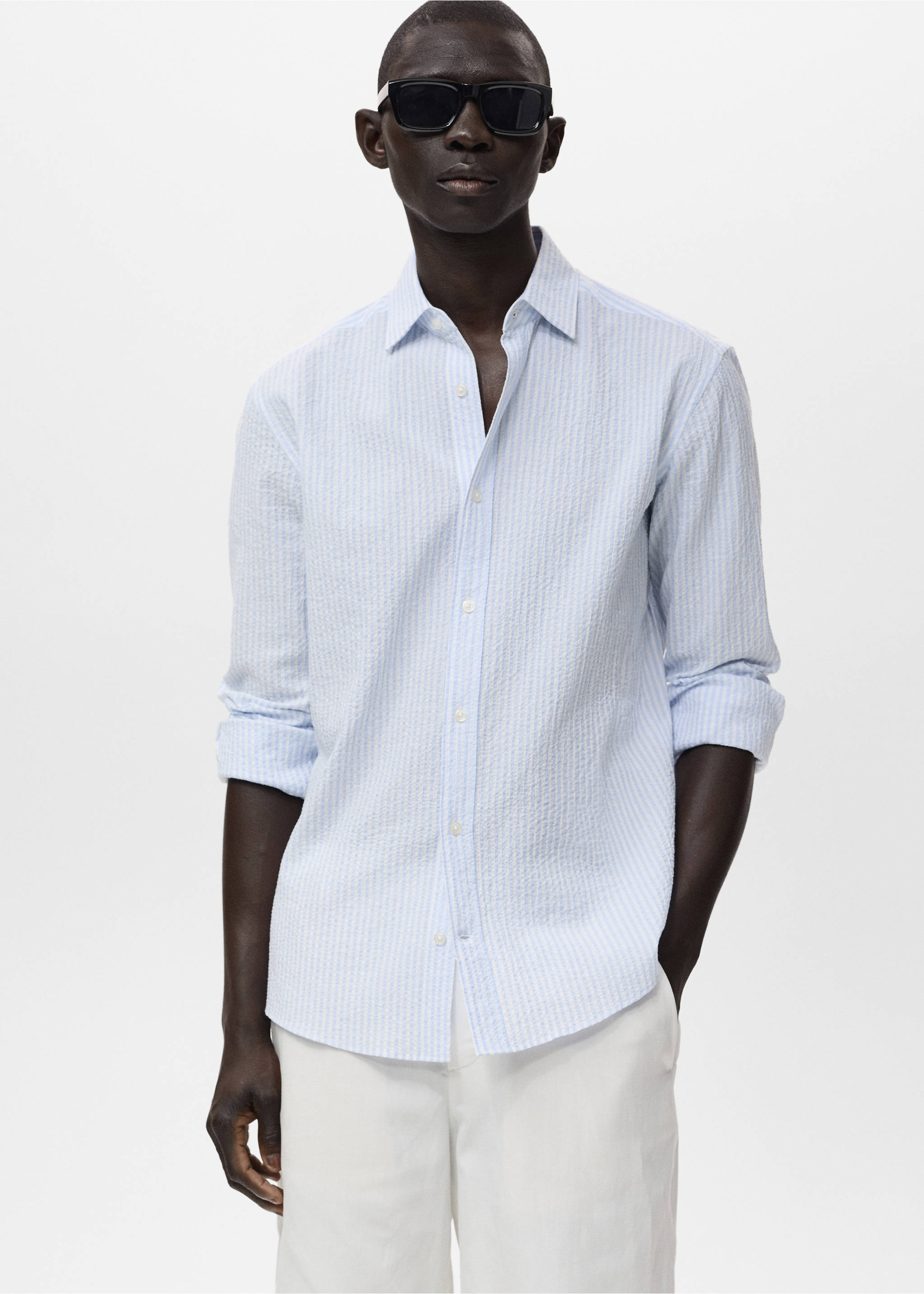 Regular-fit stripe-textured shirt - Medium plane, Sky Blue. Ref: 17051147-00.