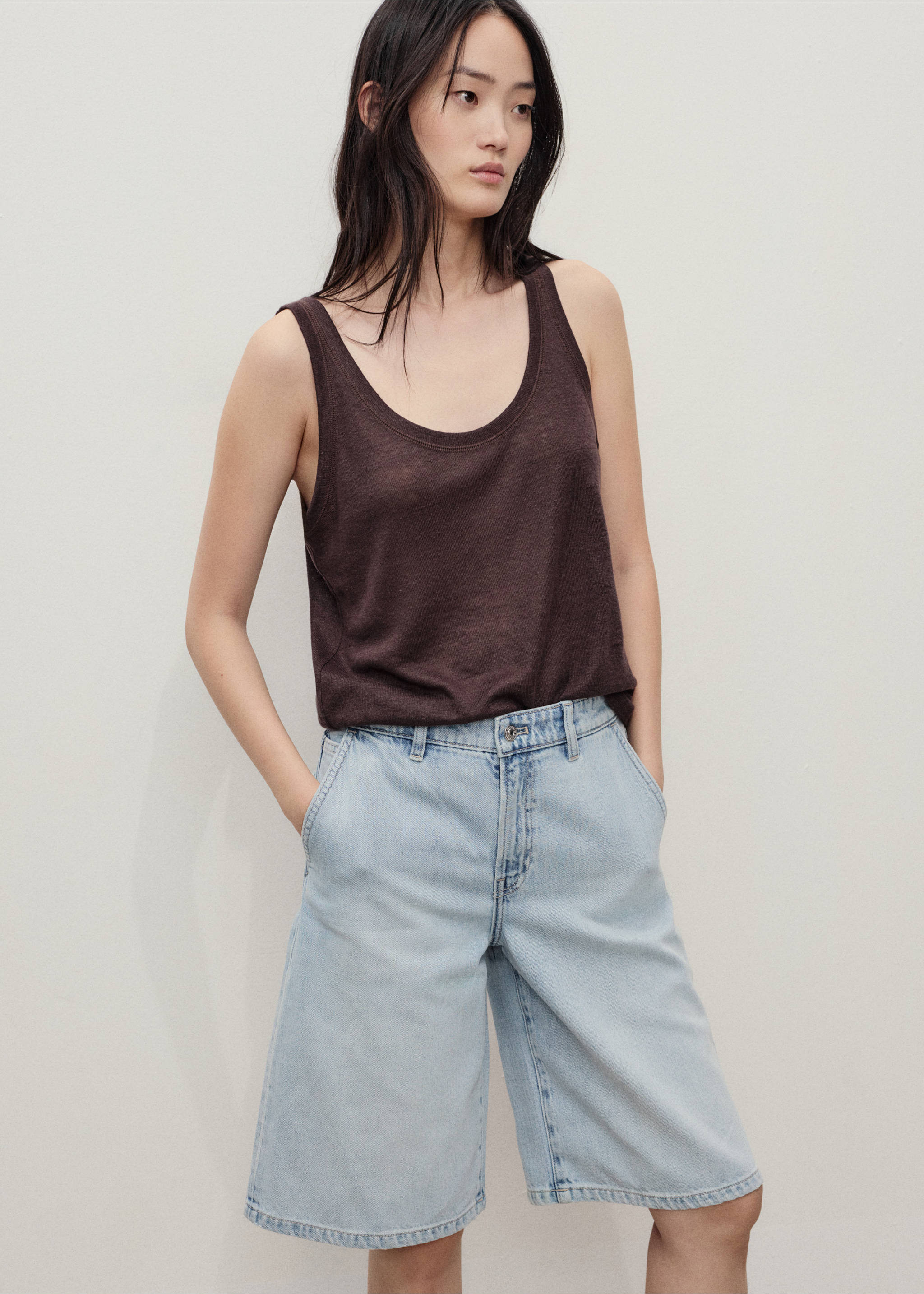 Straight-fit mid-rise denim jorts - Details of the article 1, Light Blue. Ref: 17051175-00.