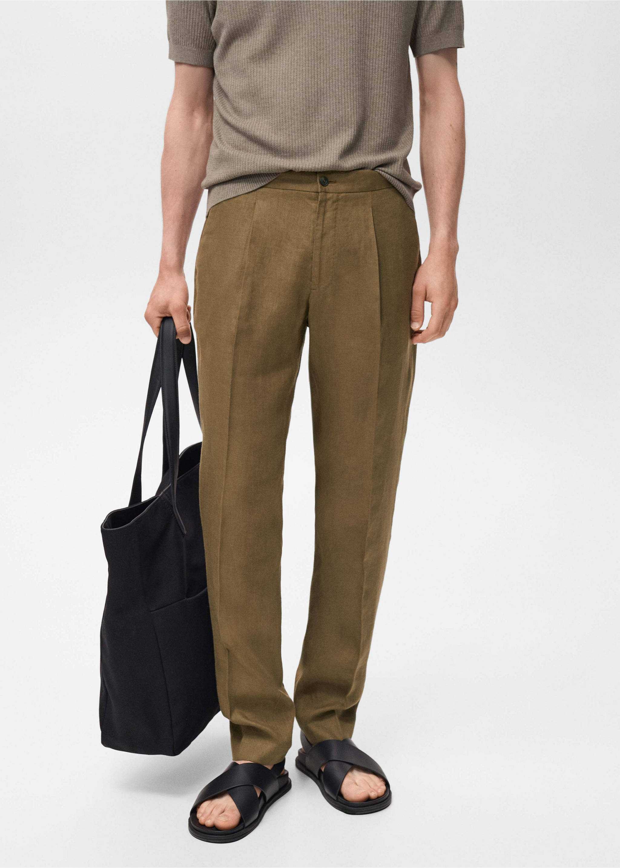 Salerno 100% linen slim fit suit trousers - Medium plane, Khaki. Ref: 17051193-00.