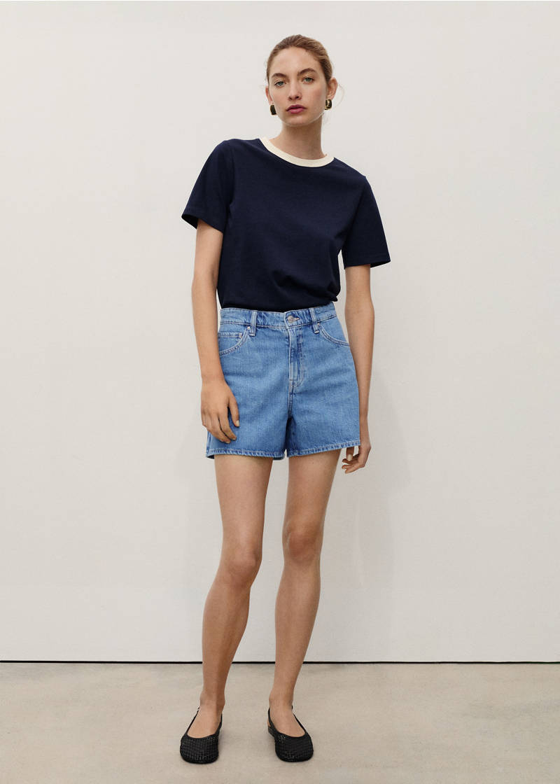High-waisted straight-fit denim shorts - Medium Blue
