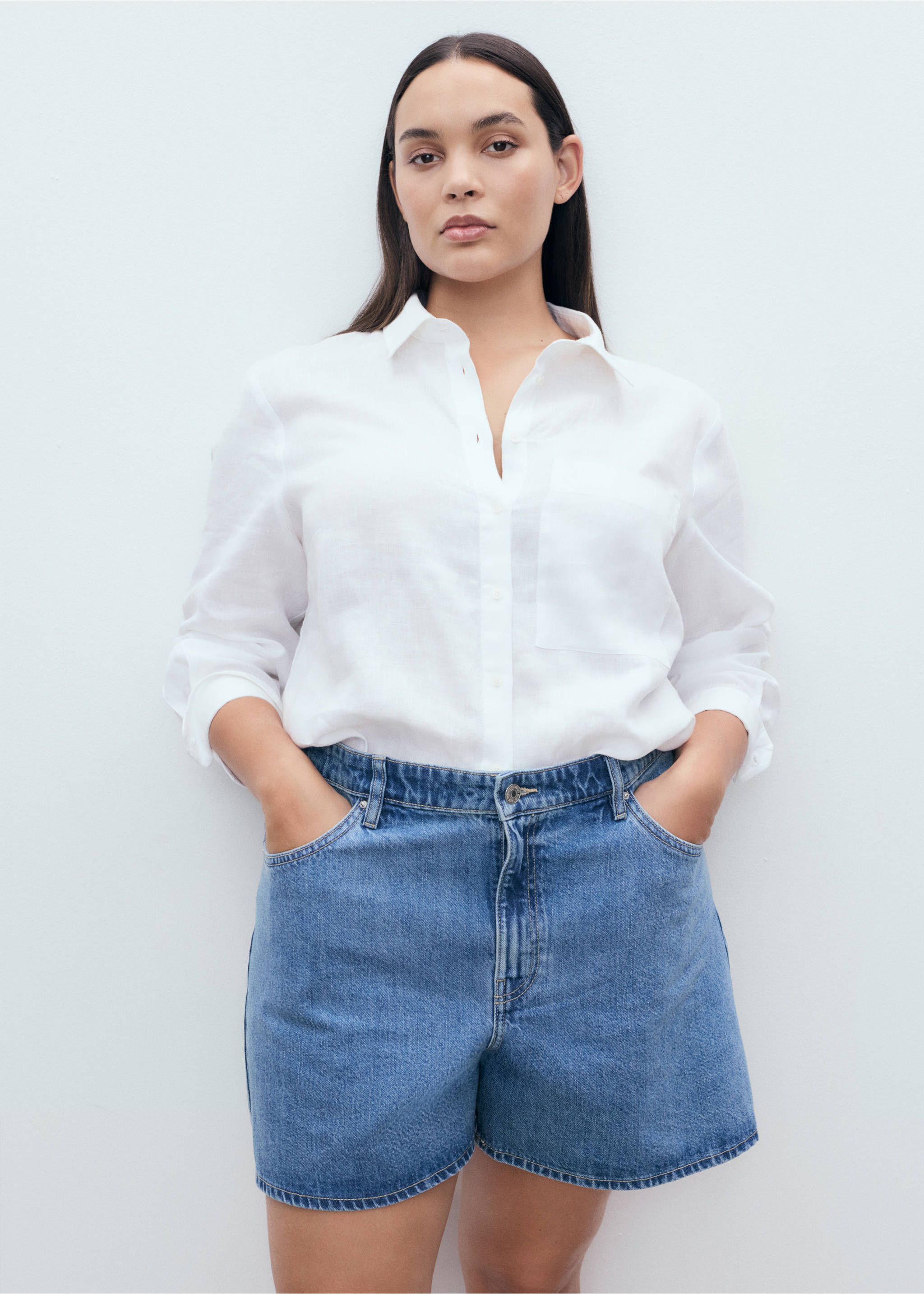 Straight kratke traper hlače visokog struka - Detalji artikla 5, Srednje plava. Ref: 17051200-00.