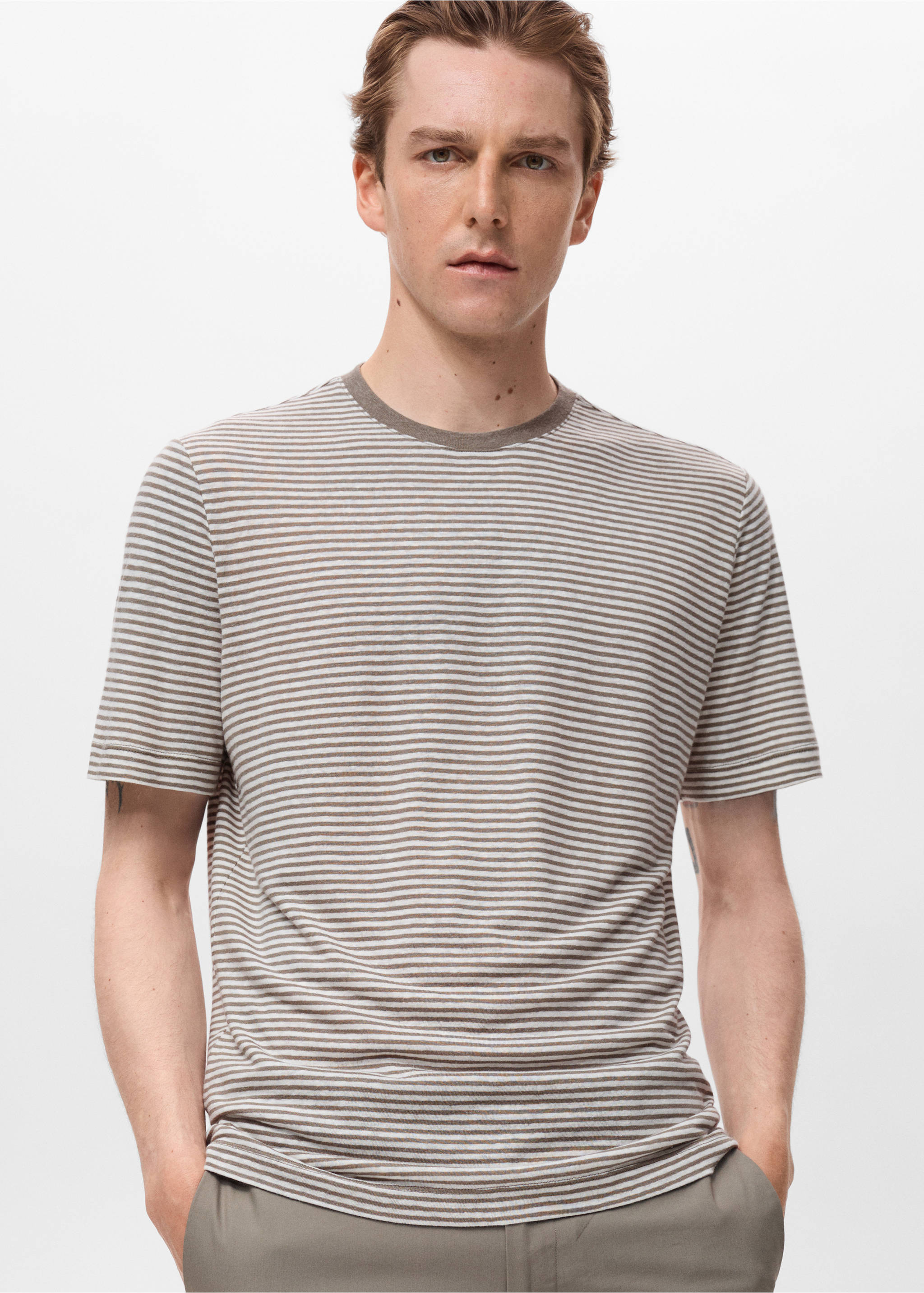 Striped slim-fit linen t-shirt - Medium plane, Off White. Ref: 17051228-00.