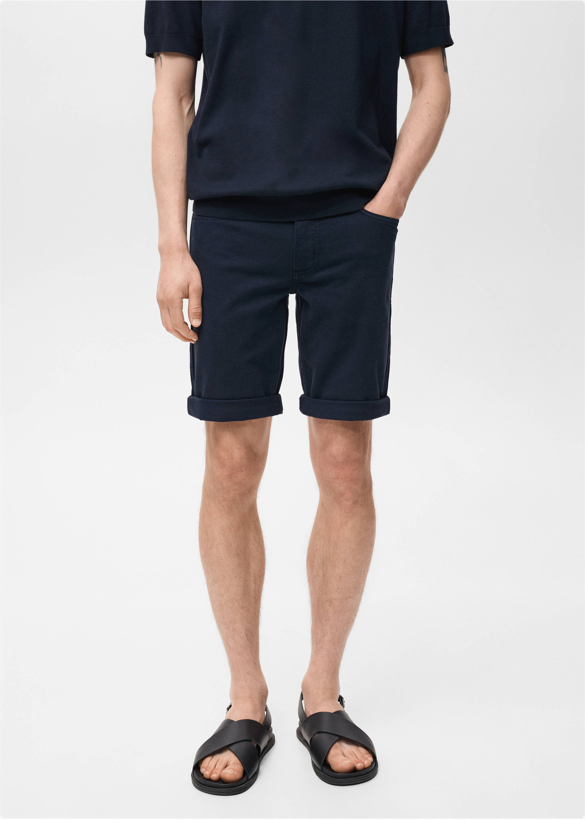 Bermuda en jean slim fit - Plan moyen, Bleu marine. Ref: 17051230-00.