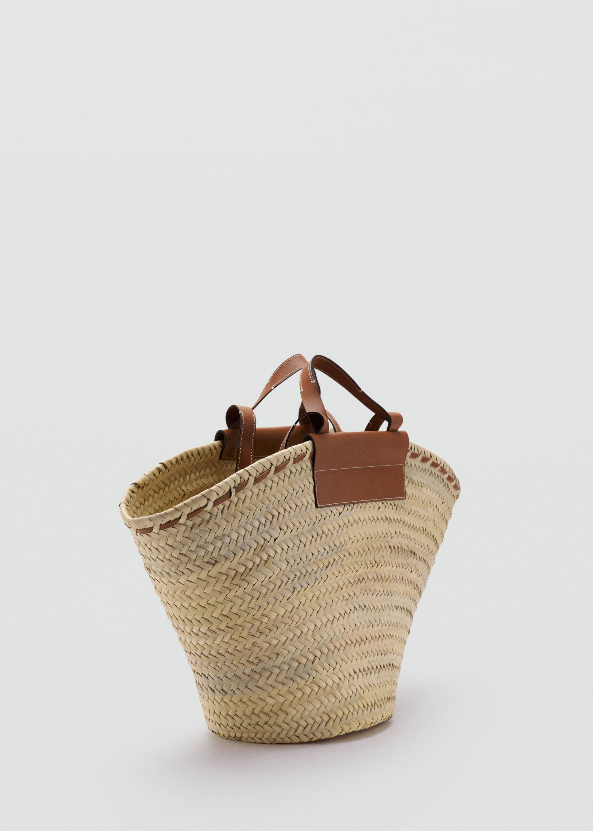 Large natural fibre basket with leather handle - Medium plane, Leather. Ref: 17051241-00.