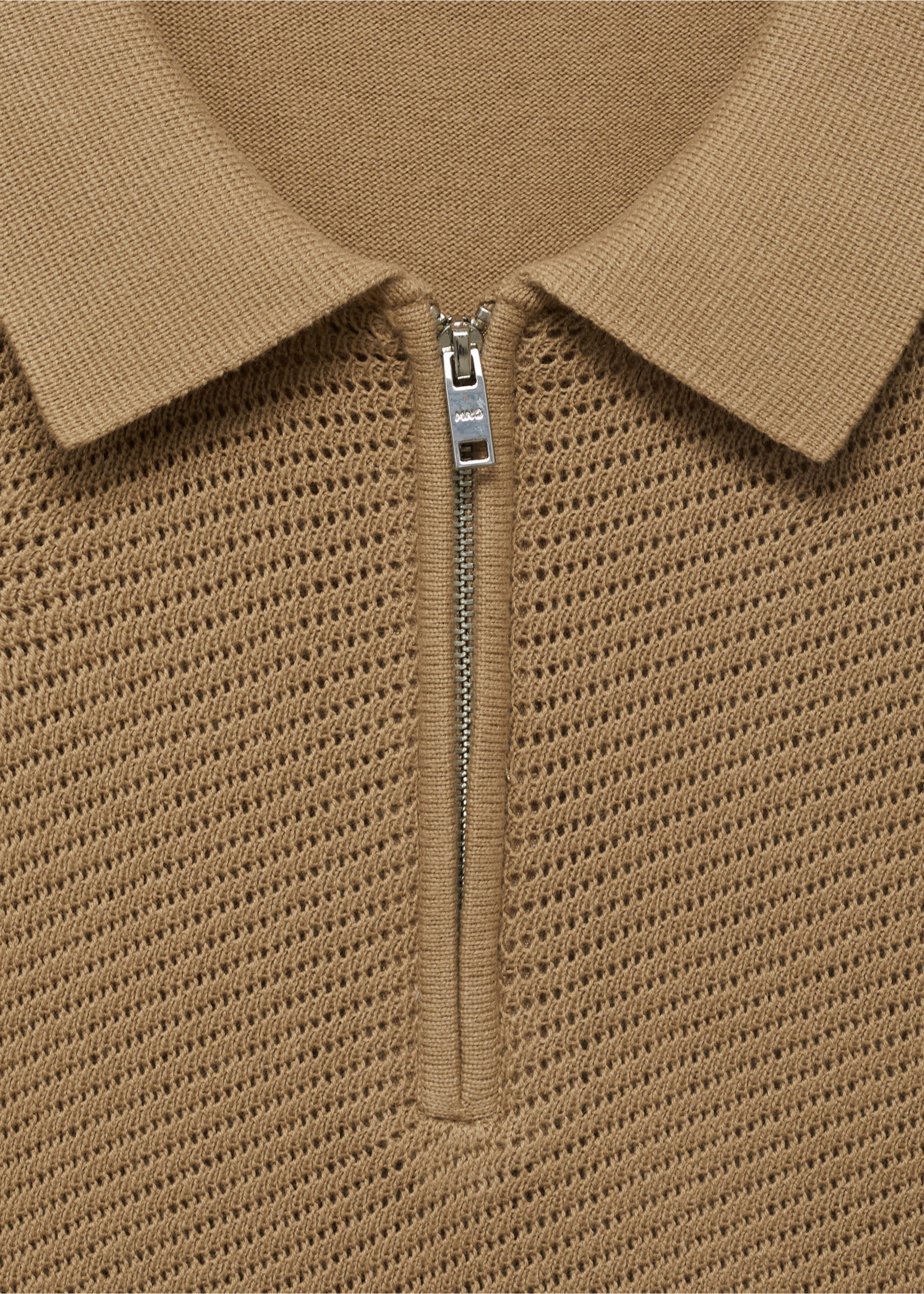 Openwork knitted polo shirt with zip - Details of the article 8, Beige. Ref: 17051242-00.