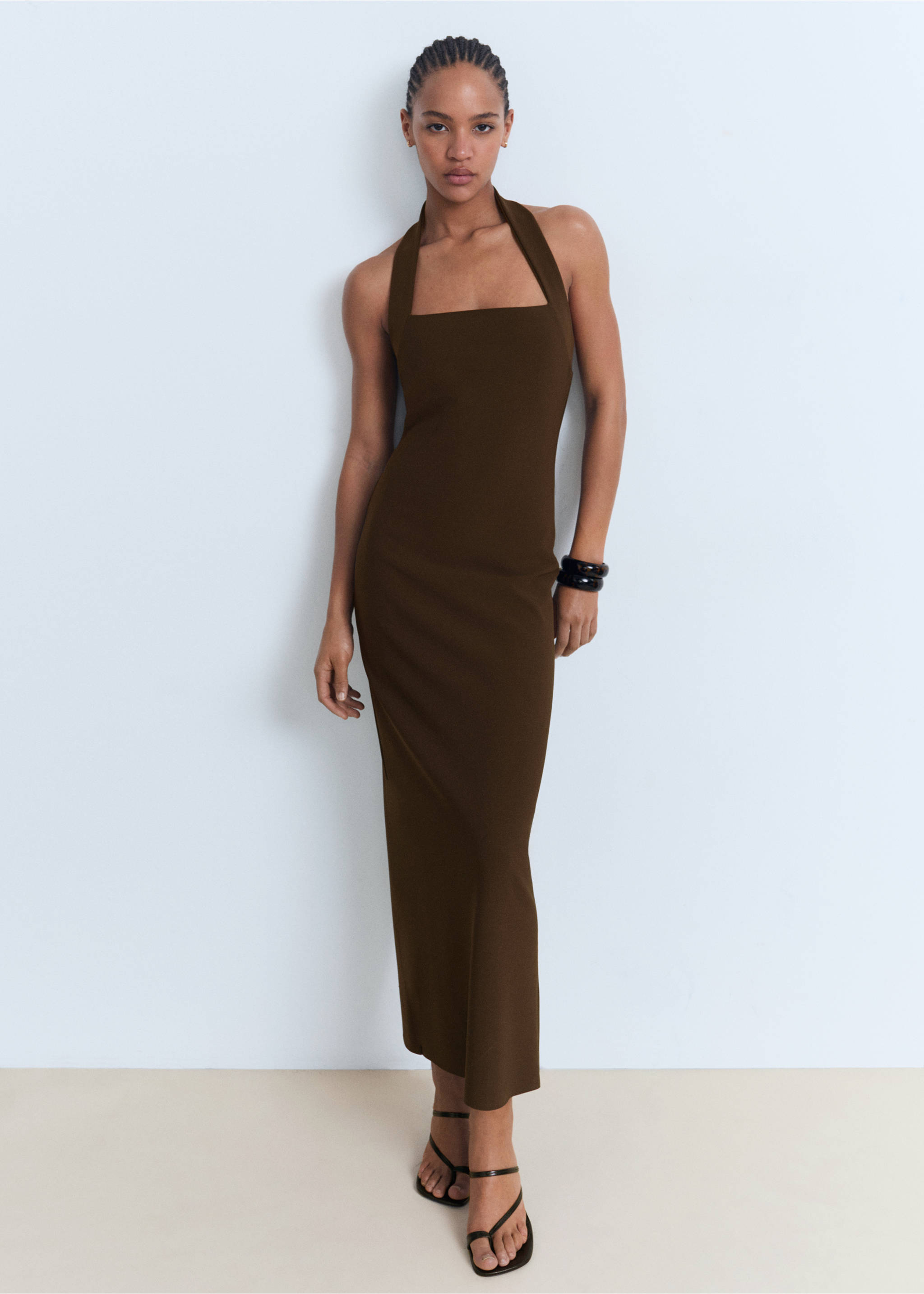 Long halter-neck dress - General plane, Brown. Ref: 17051243-00.