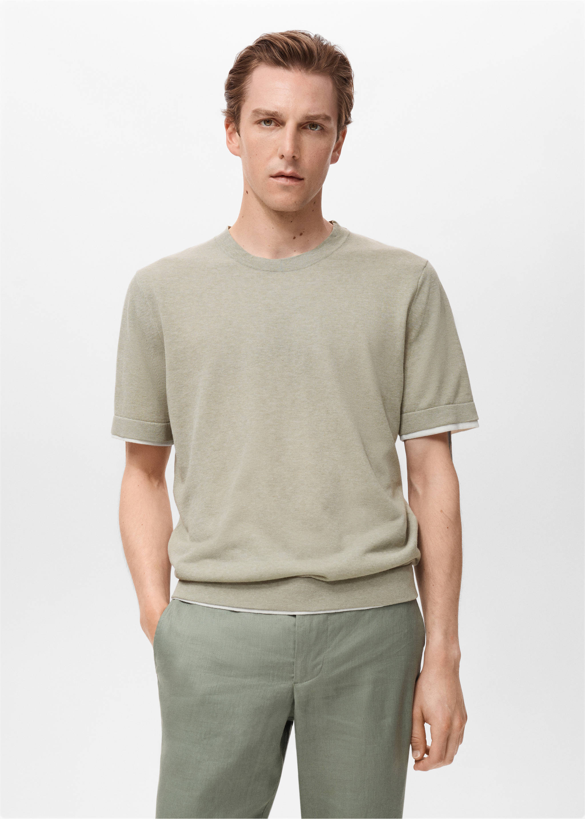 Contrasting cotton-blend T-shirt - Medium plane, Khaki. Ref: 17051244-00.