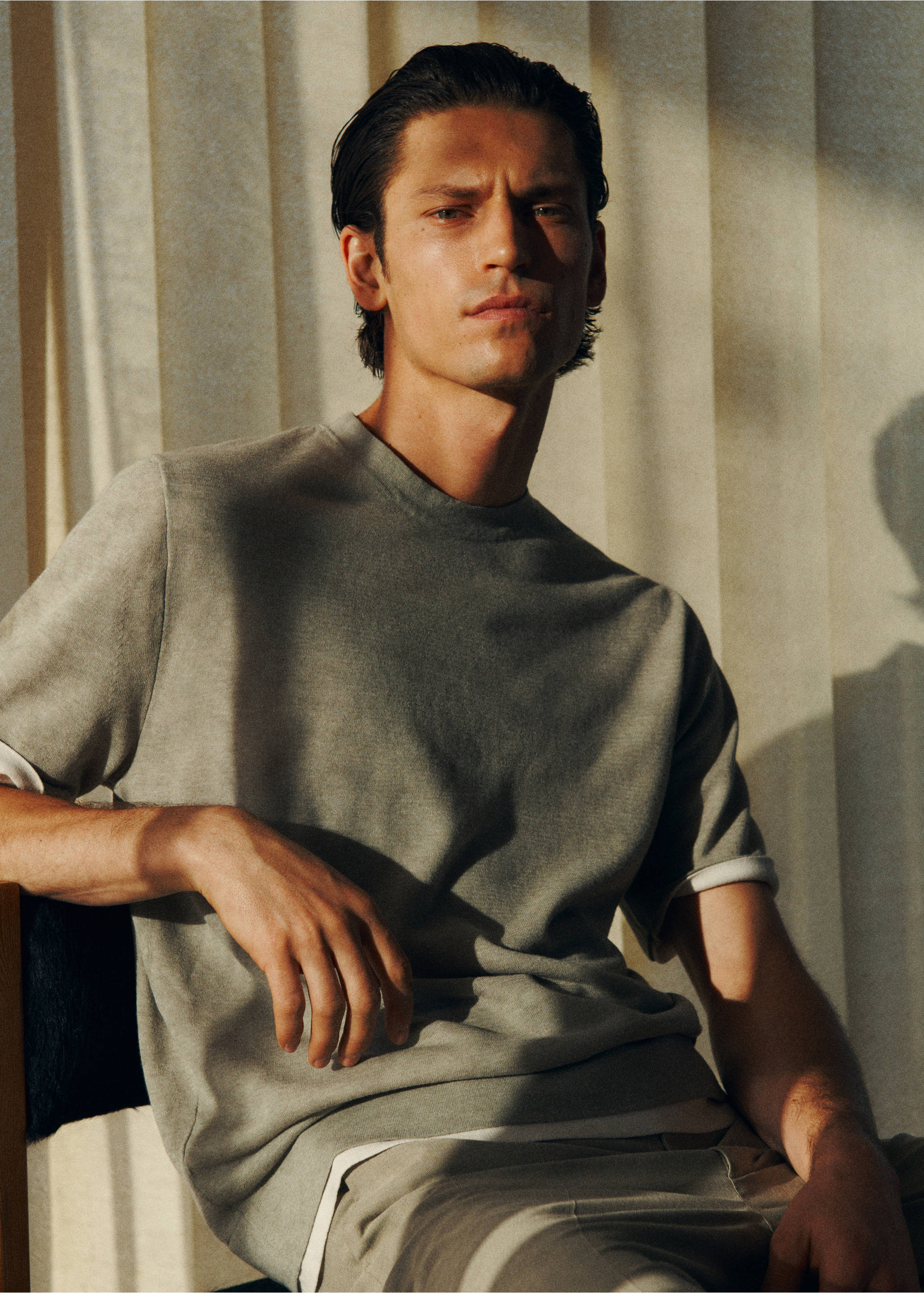 Contrasting cotton-blend T-shirt - Details of the article 3, Khaki. Ref: 17051244-00.