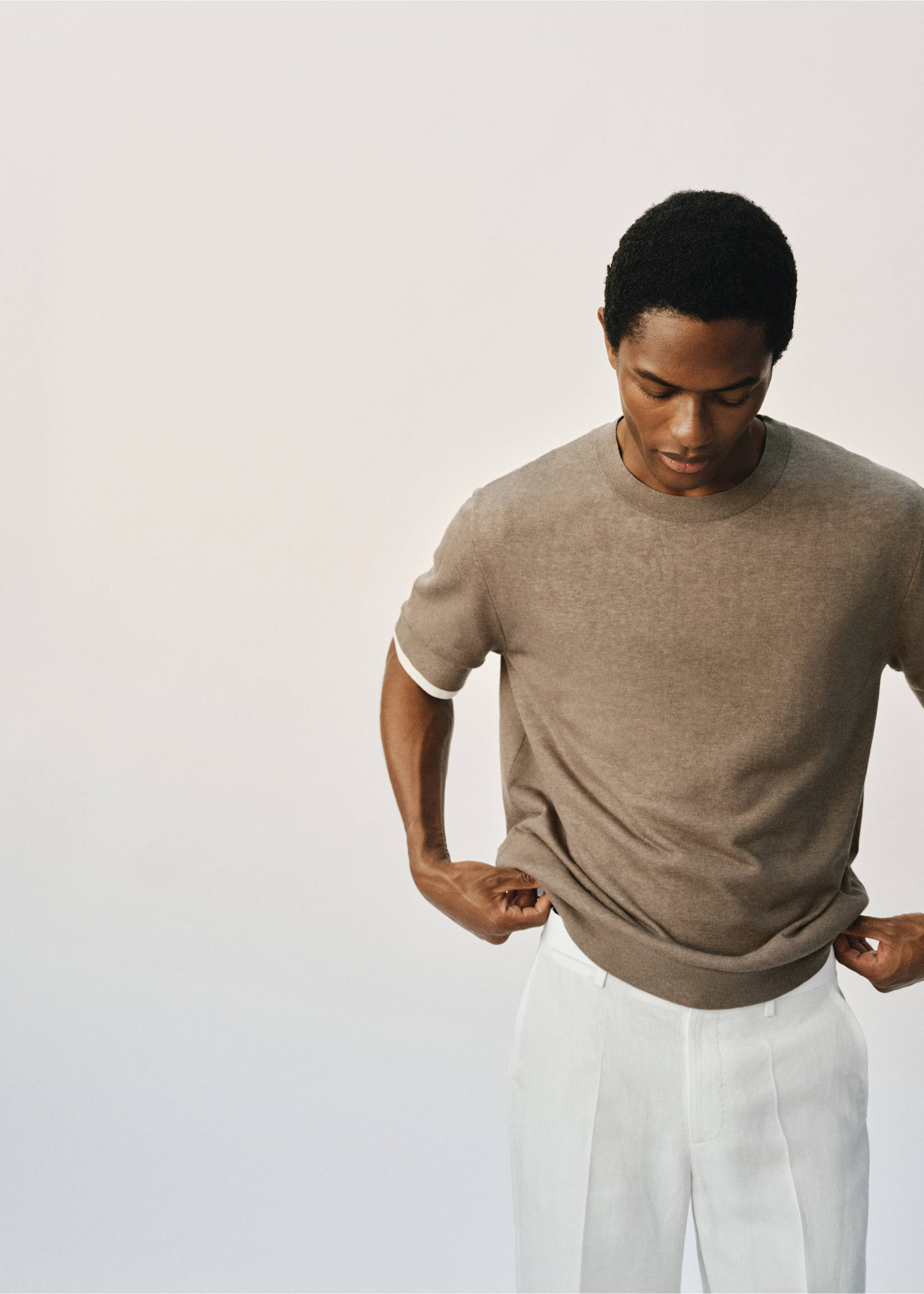 Contrasting cotton-blend T-shirt - Details of the article 5, Dark Green. Ref: 17051244-00.