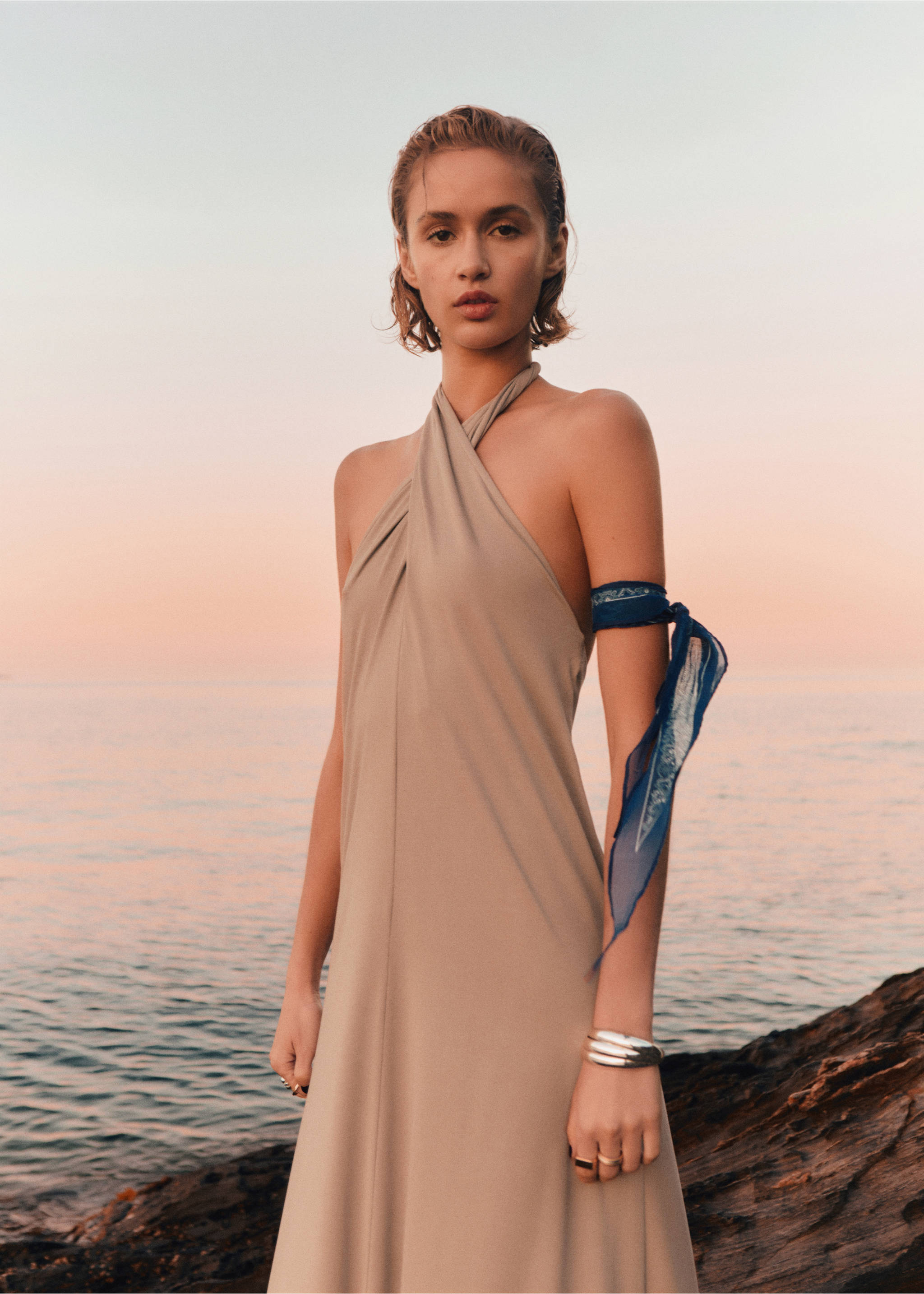 Long halter wrap dress - Medium plane, Light/Pastel Grey. Ref: 17051245-00.
