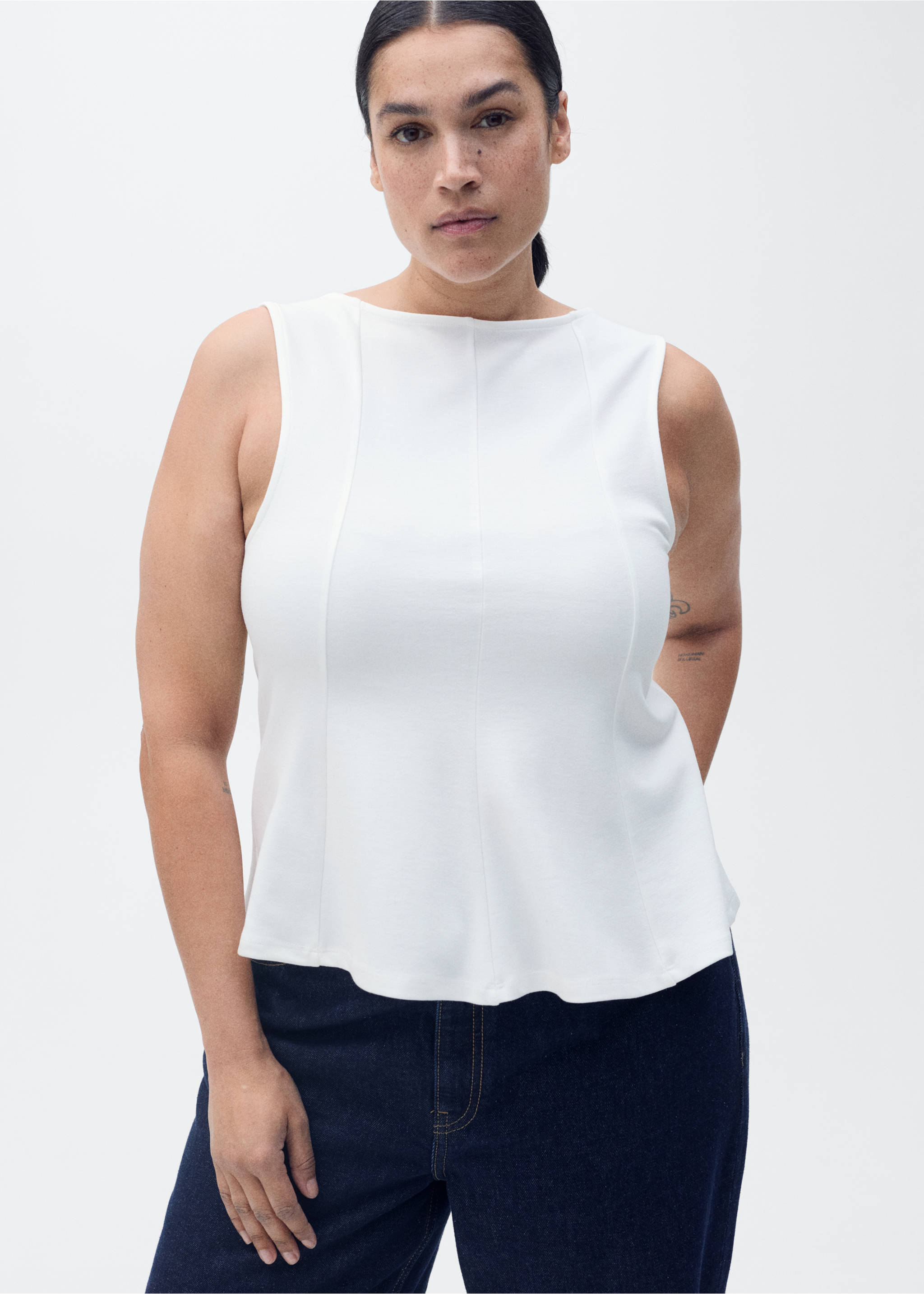 Peplum top with seam detail - Details of the article 5, White. Ref: 17051268-00.