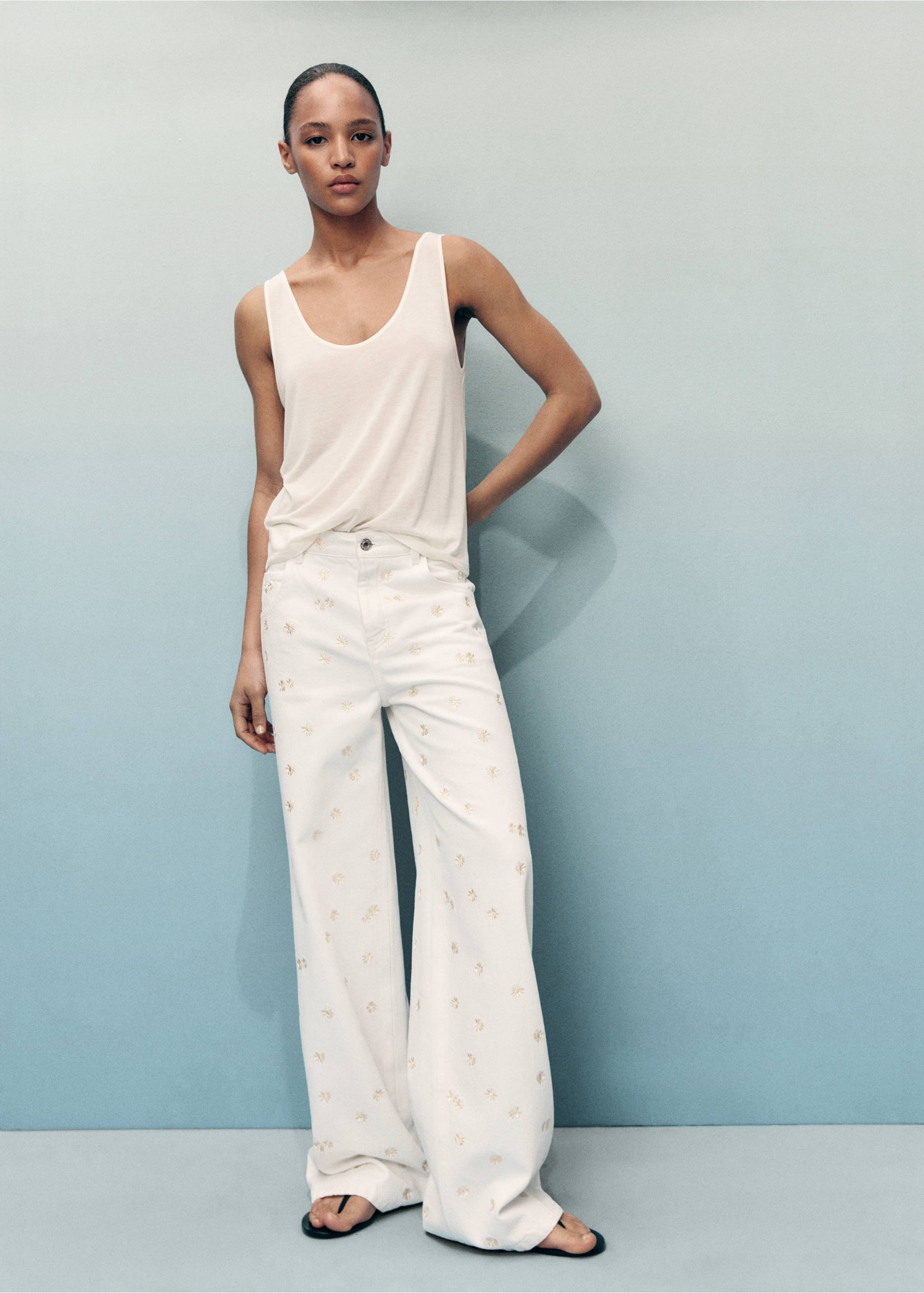 Flower-embroidered wide leg jeans - General plane, Off White. Ref: 17051287-00.