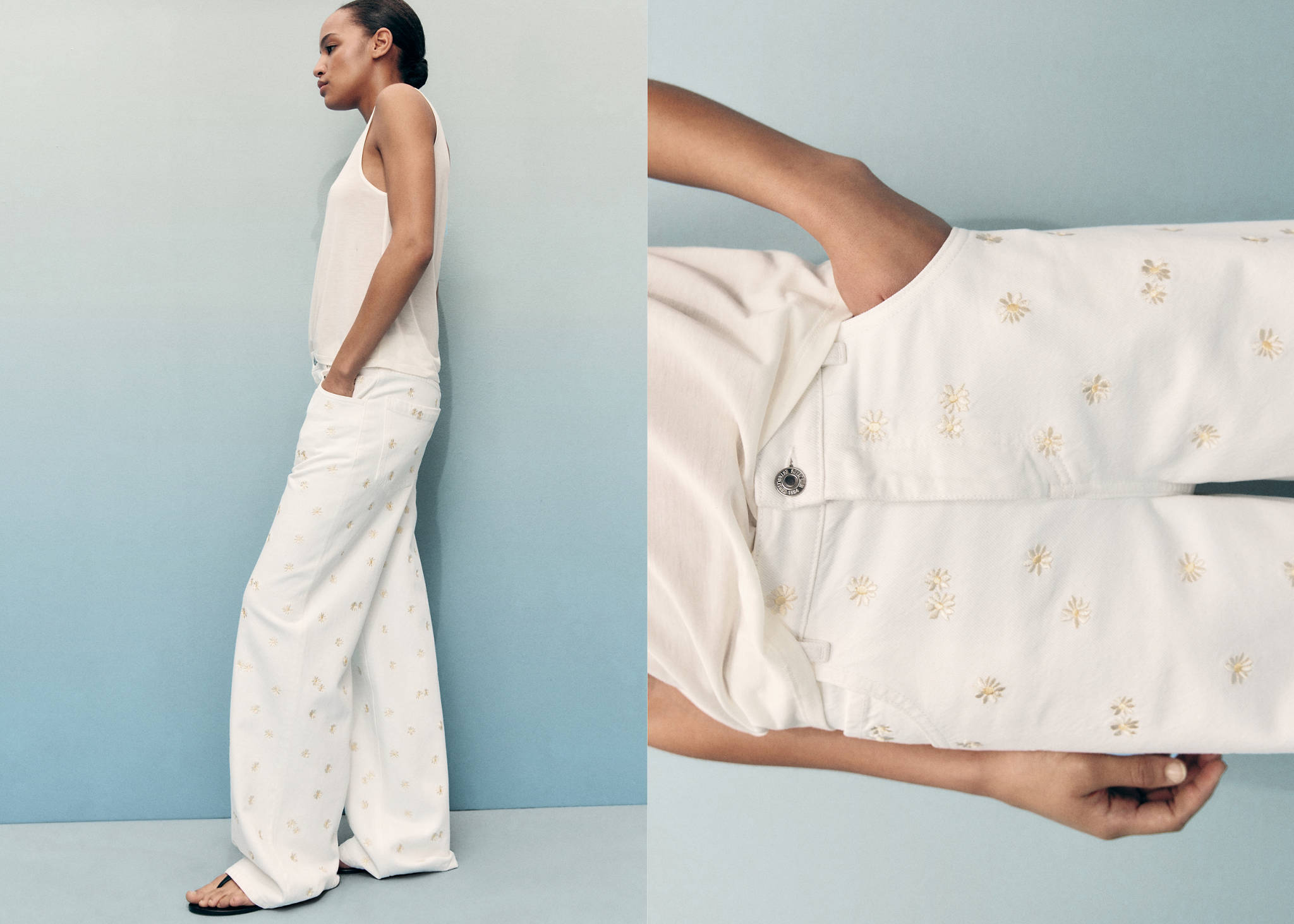 Flower-embroidered wide leg jeans - Panoramic plane