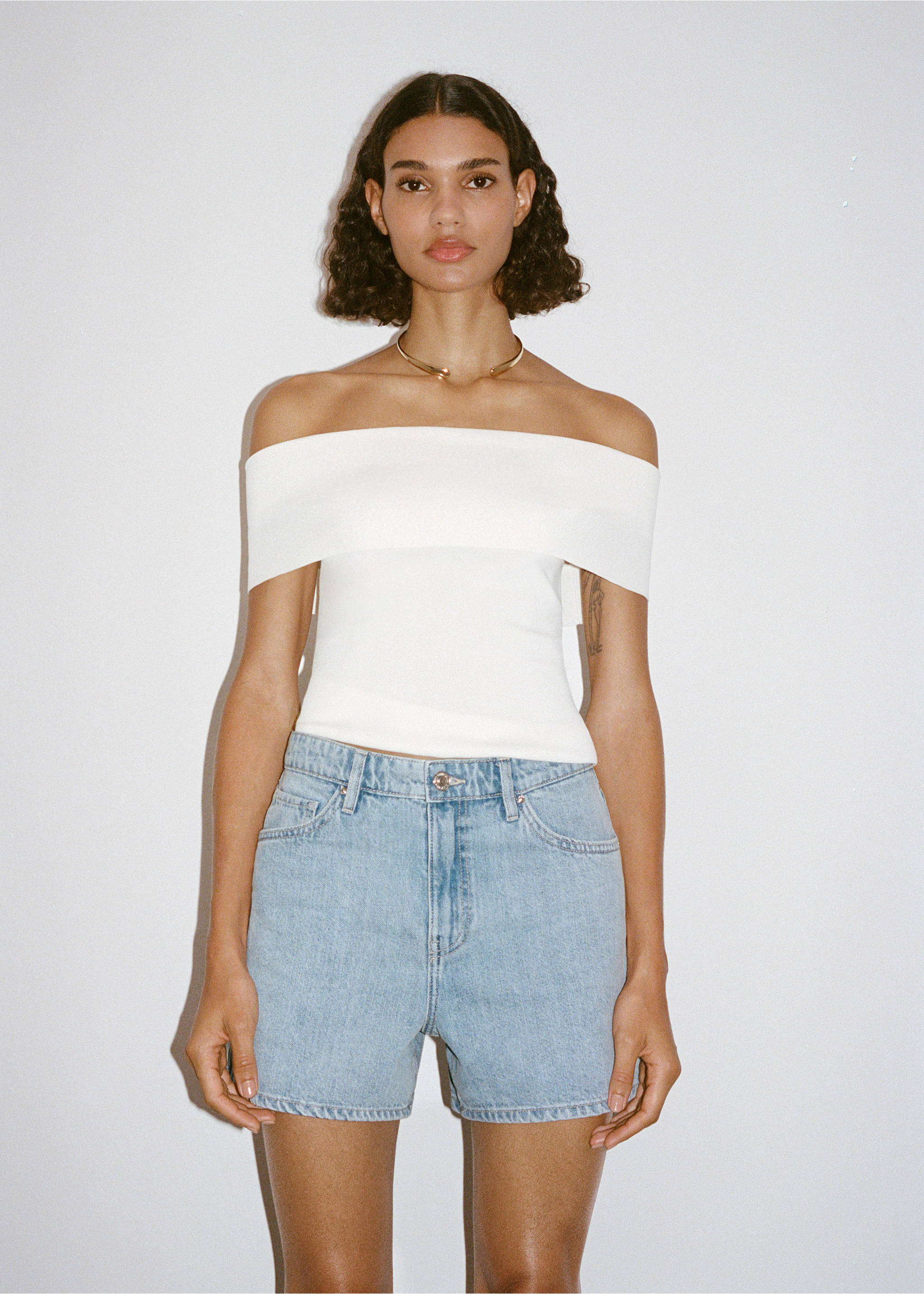 Rechte high-waisted denim shorts - Detail van het artikel 3, Lichtblauw. Ref: 17051514-00.