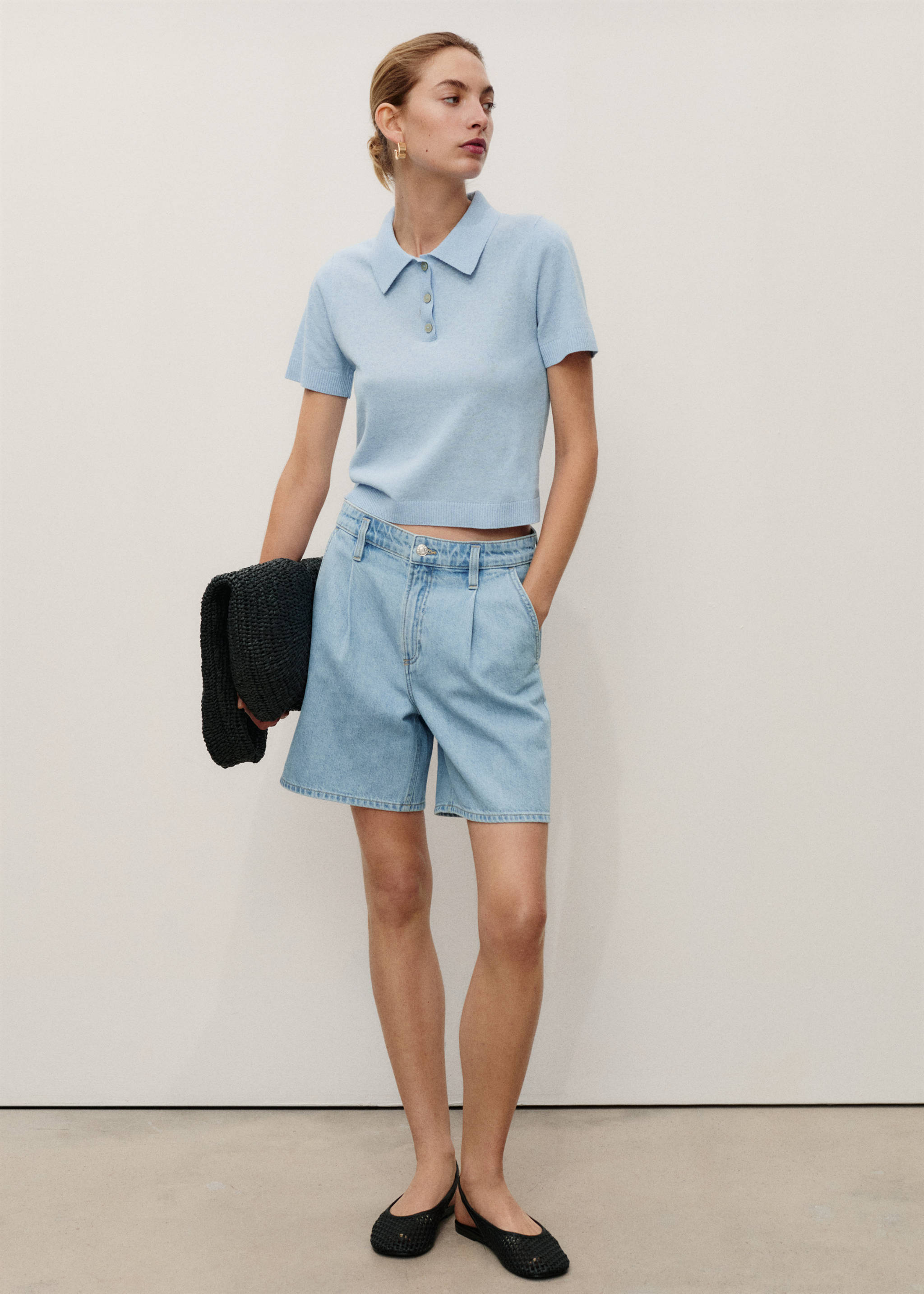 Mid-rise denim bermuda shorts with pleats - General plane