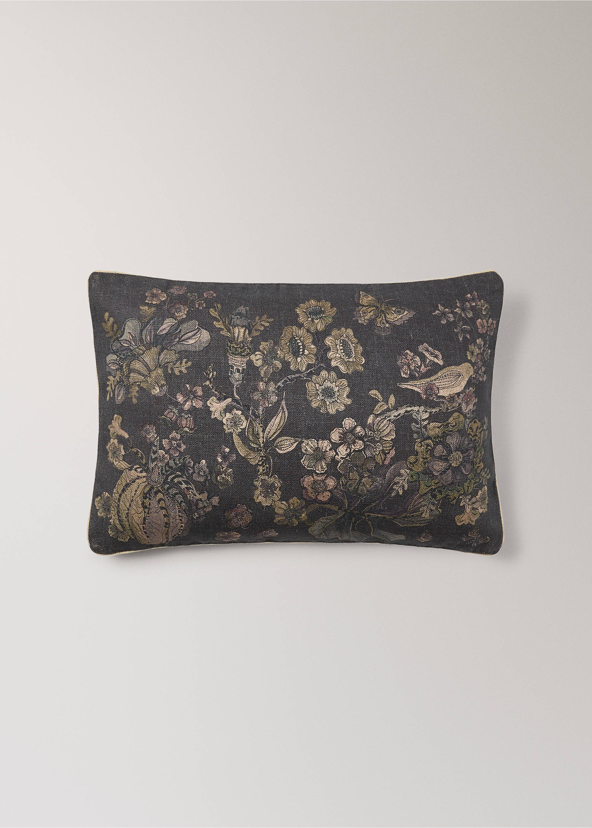 Linen floral-print cushion cover 40x60 cm - Article without model, Ink Blue. Ref: 17051591-00.